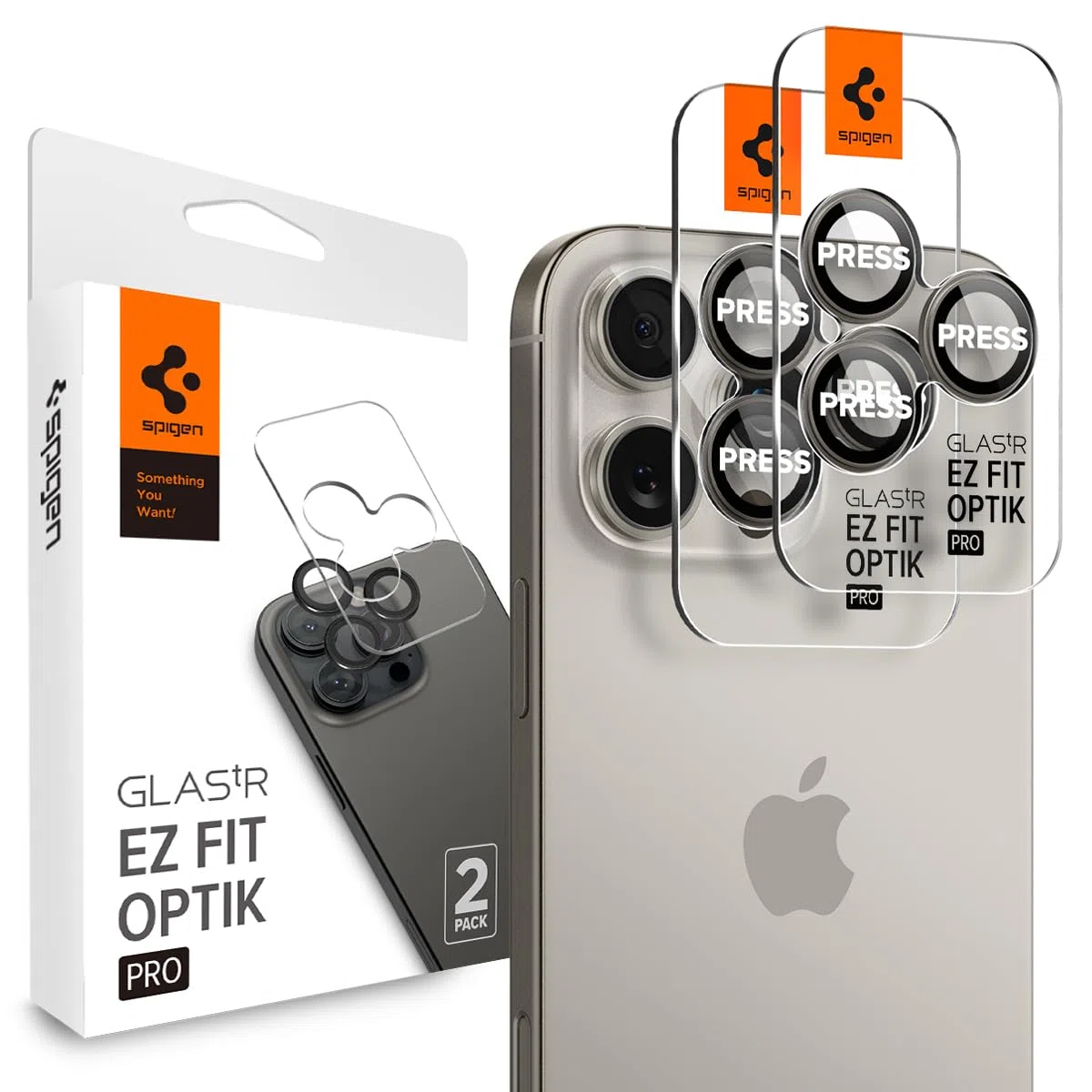 Spigen Glas.tR EZ Fit Optik Pro Protector de Cámara para iPhone 16 Pro, iPhone 16 Pro Max, 2 Unidades, Titanio natural, Protección Individual, Kit de instalación