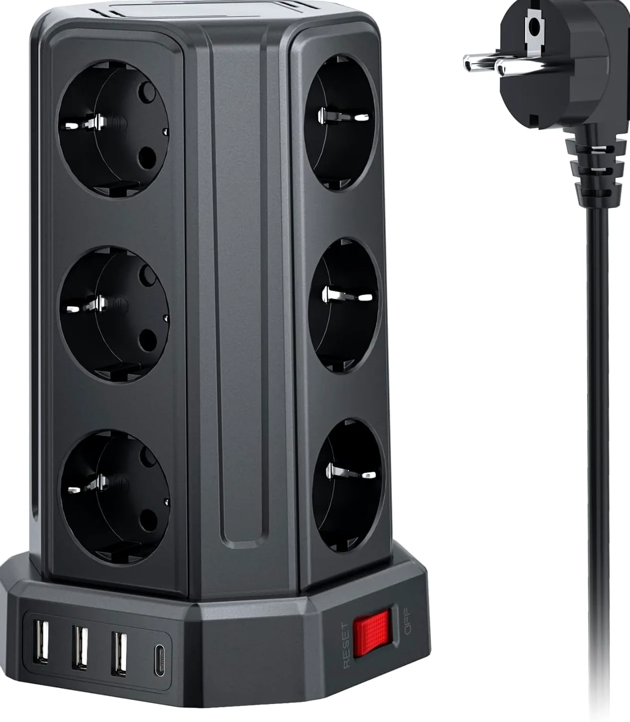 Torre Regletas Enchufes con Cable 5M, Regleta USB 12 Tomas de AC Corrientes y 4 USB, 3680W/16A, Regreltas Vertical con Interruptor para Mesa, Oficia, Casa