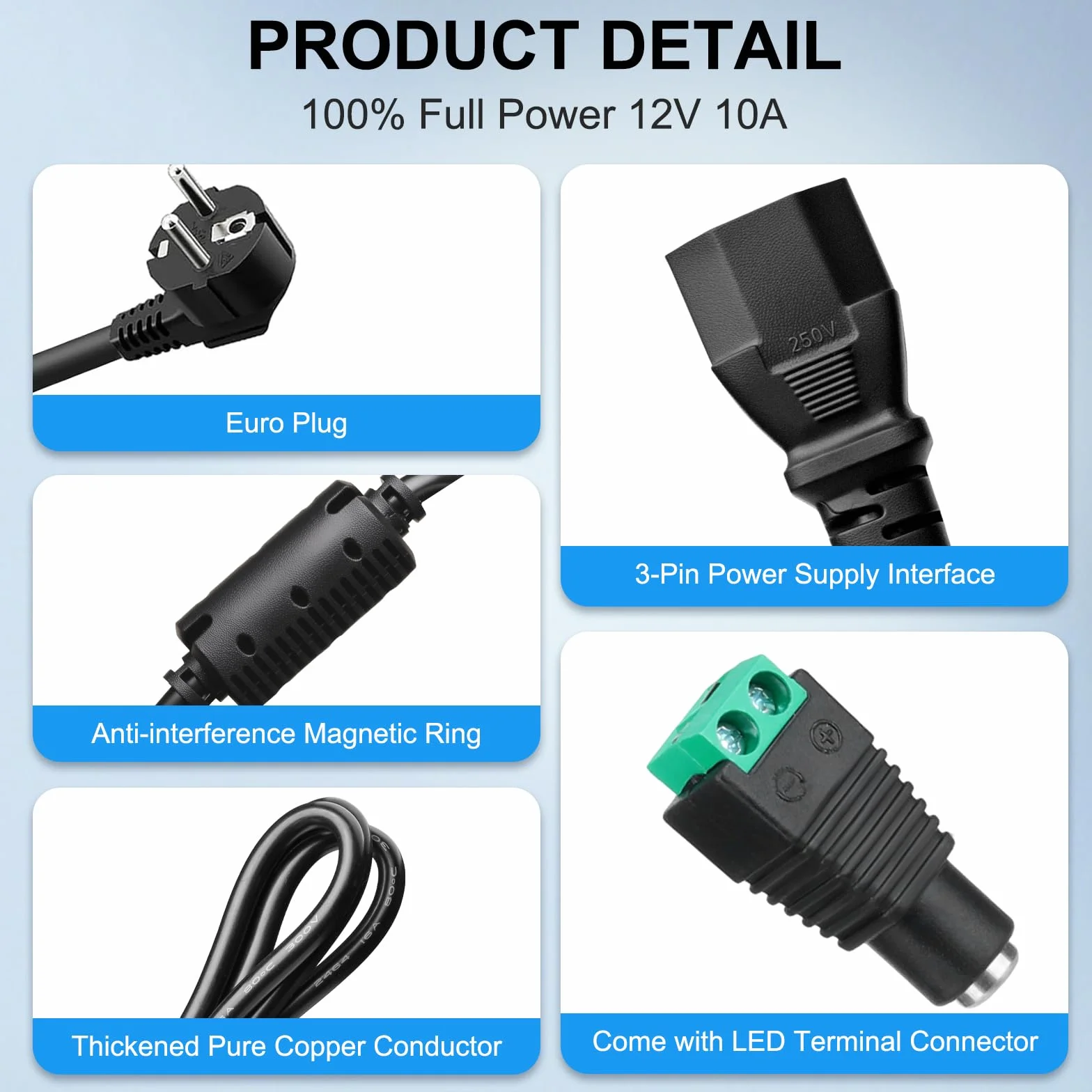 Adaptador de Alimentación AC/DC 12V 10A, Conversor de 100-240V AC a 12V DC con Conector de Corriente DC, Ideal para Tiras LED, Routers y Otros Dispositivos