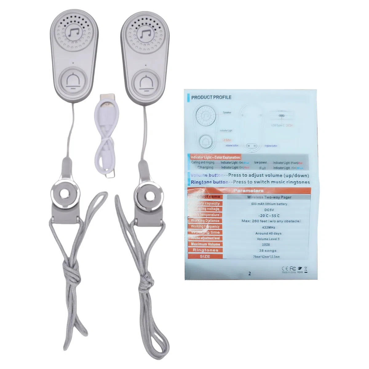 Botón de llamada inalámbrico de 2 canales para personas mayores, botón de llamada inalámbrico de volumen ajustable, opciones musicales múltiples para el hogar y la oficina