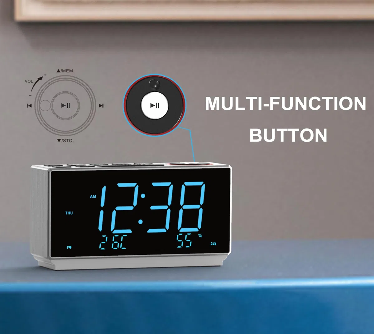 iTOMA Despertador con FM Radio, Carga USB Pantalla LED Azul Hielo de 1,8 Pulgadas, luz Nocturna, Doble Alarma, Siesta, Control de Atenuación, Reloj Electrónico de Oficina Junto a la Cama CKS508