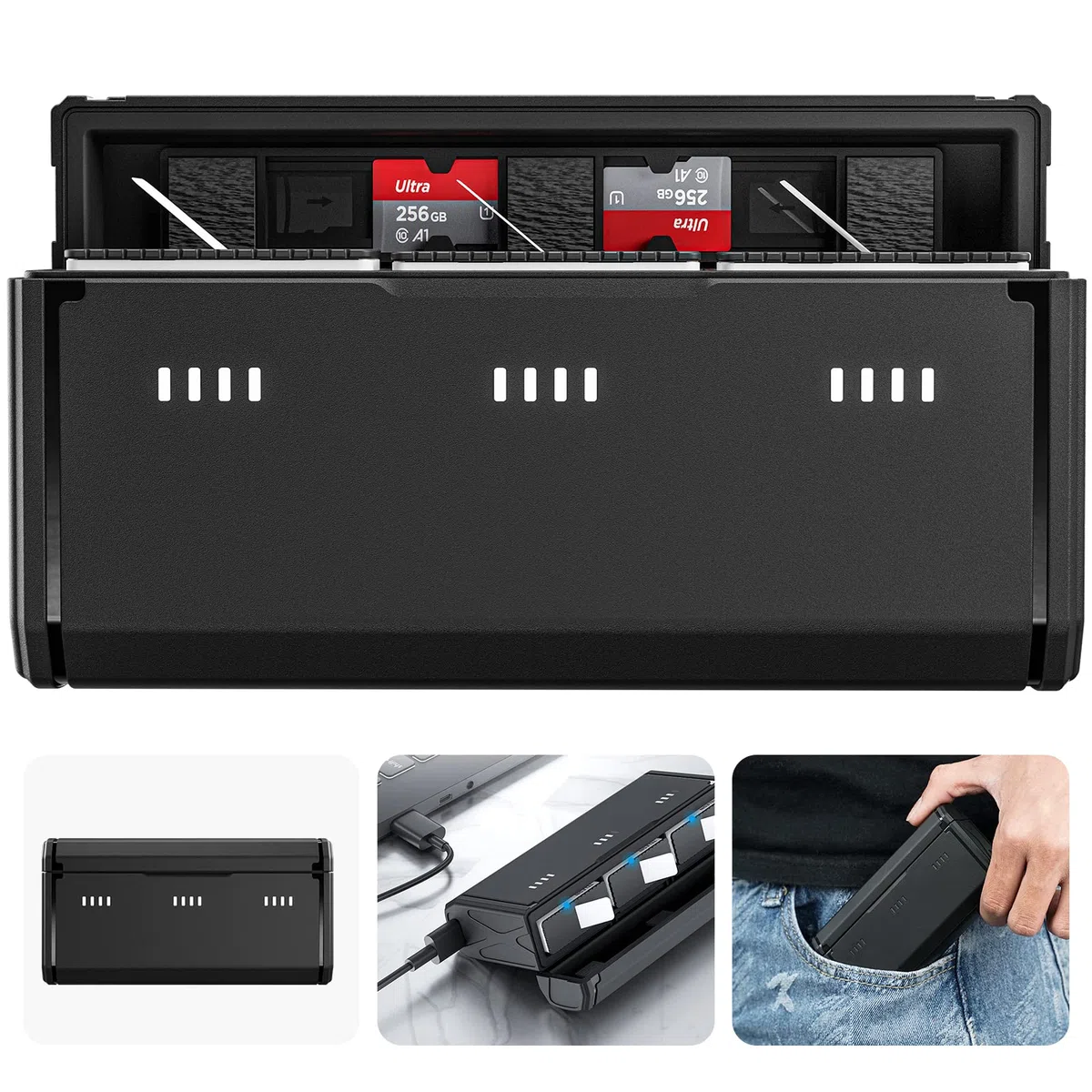 TELESIN Cargador de Batería para GoPro Hero 12 11 10 9, Carga Rápida, Diseño Portátil, 3 Ranuras, Almacenamiento de 2 Tarjetas TF, Consulta de Energía, para Enduro y Batería Estándar, Accesorios