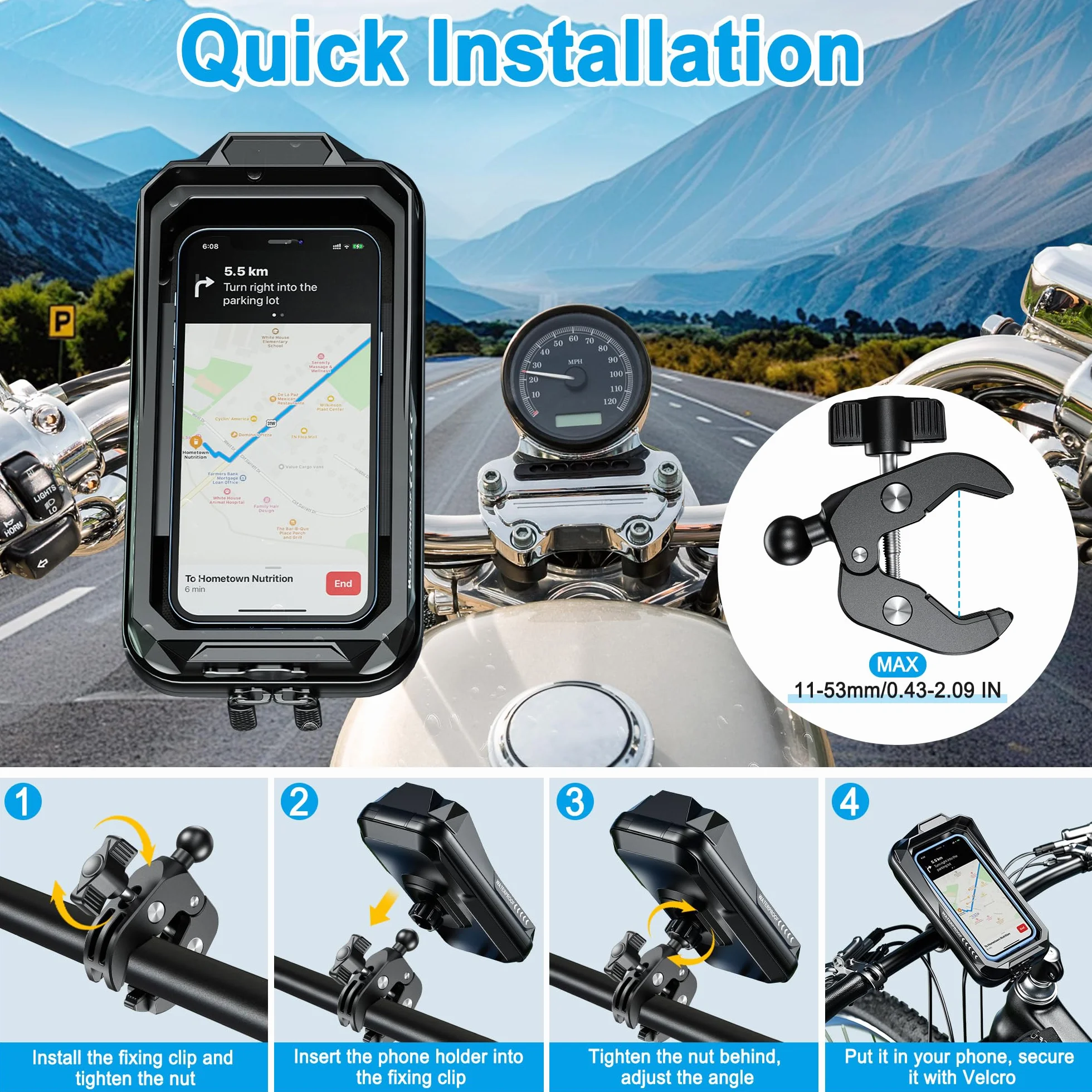 Soporte Móvil Moto Scooter Anti Vibración Universal Soporte Movil Bicicleta Montaña 360°Rotación Porta Móvil Bici Impermeable Soporte Telefono Manillar con Pantalla Táctil