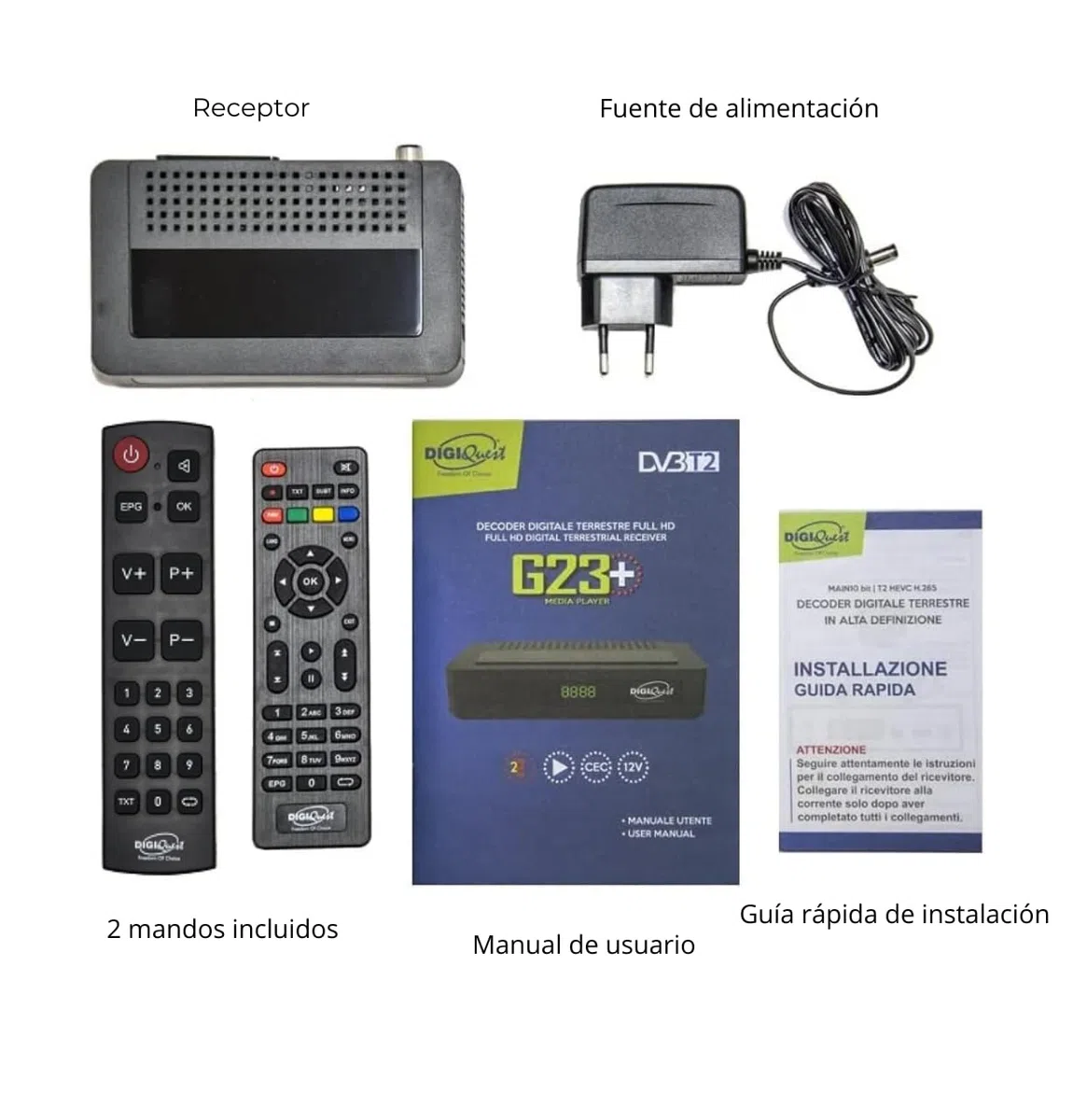 Receptor TDT HD DVB-T2 Digiquest G23 HEVC H.265 10bit Full HD FTA, Sintonizador TDT HD, DVB-T2, USB, HDMI, SCART, Ethernet LAN RJ-45, Mando a distancia adicional para personas mayores, Negro, Plástico