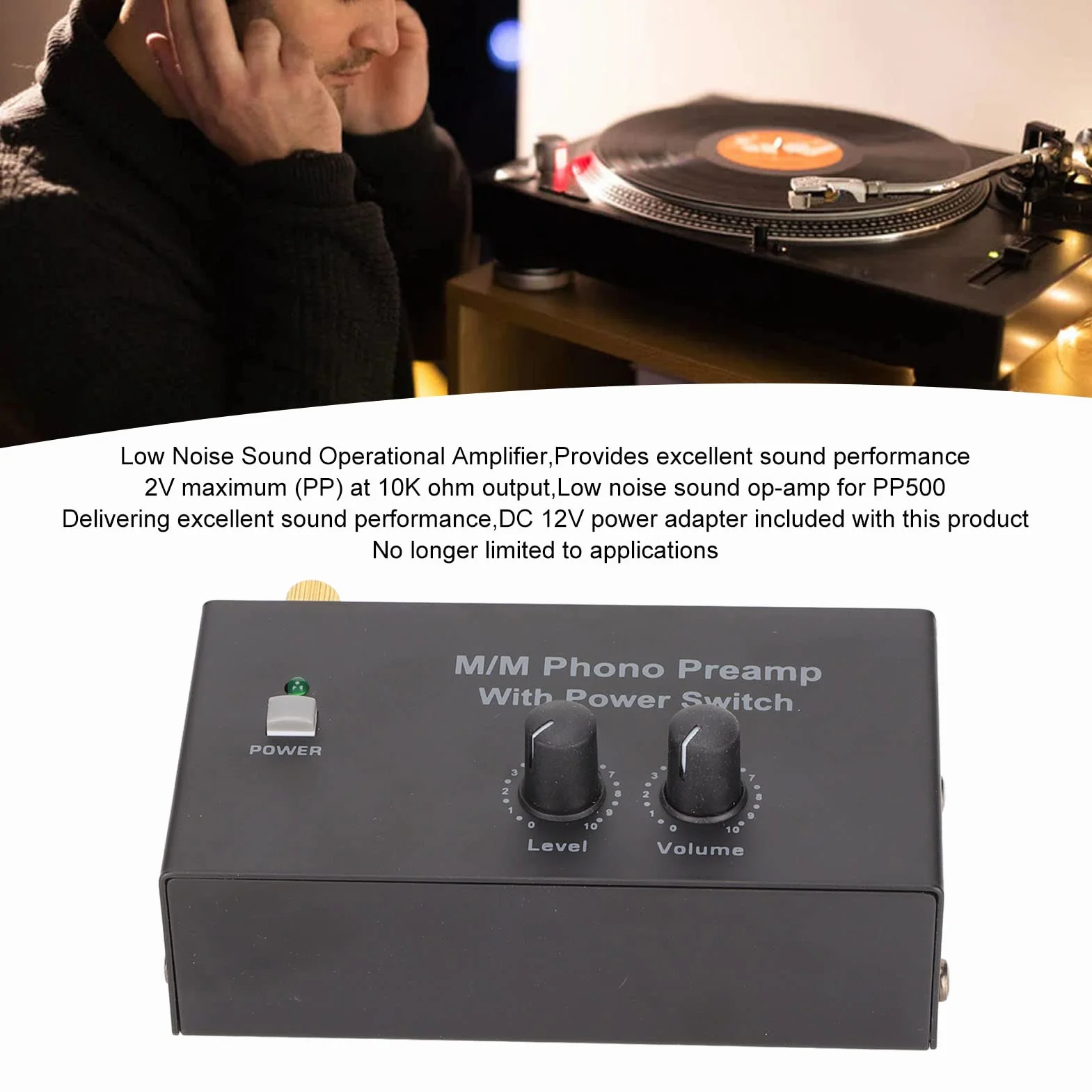 Preamplificador de Tocadiscos PP500P Phono, Mini Preamplificador de Fonógrafo Estéreo de Audio Electrónico de Doble Ganancia, Amplificador de Auriculares de Metal DC 12V