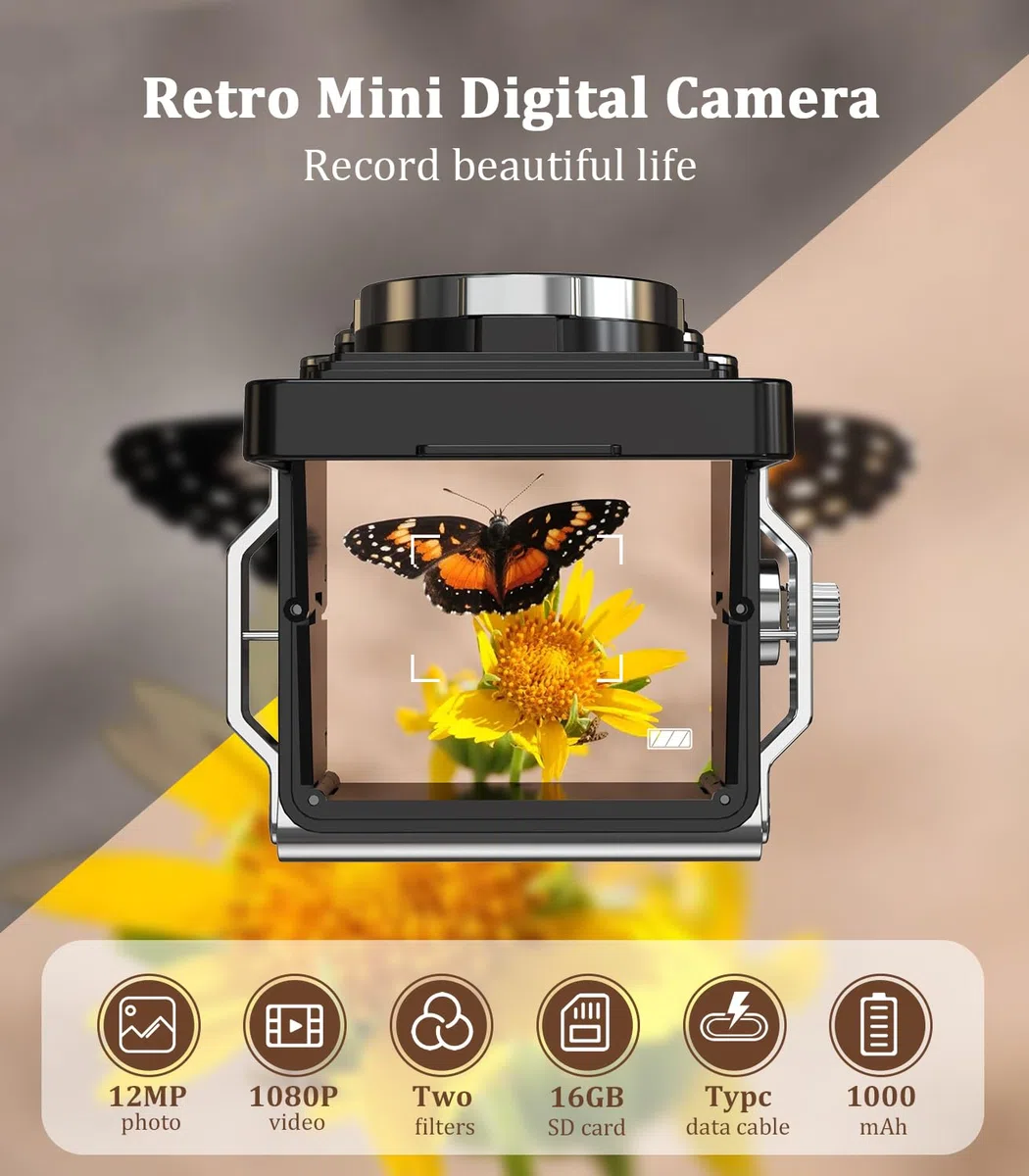 Mini cámara Digital Retro, 1080P FHD Video Mini cámara de Fotos pequeña portátil 12MP Enfoque automático con Tarjeta de 16G para Principiantes, Adolescentes y Adultos