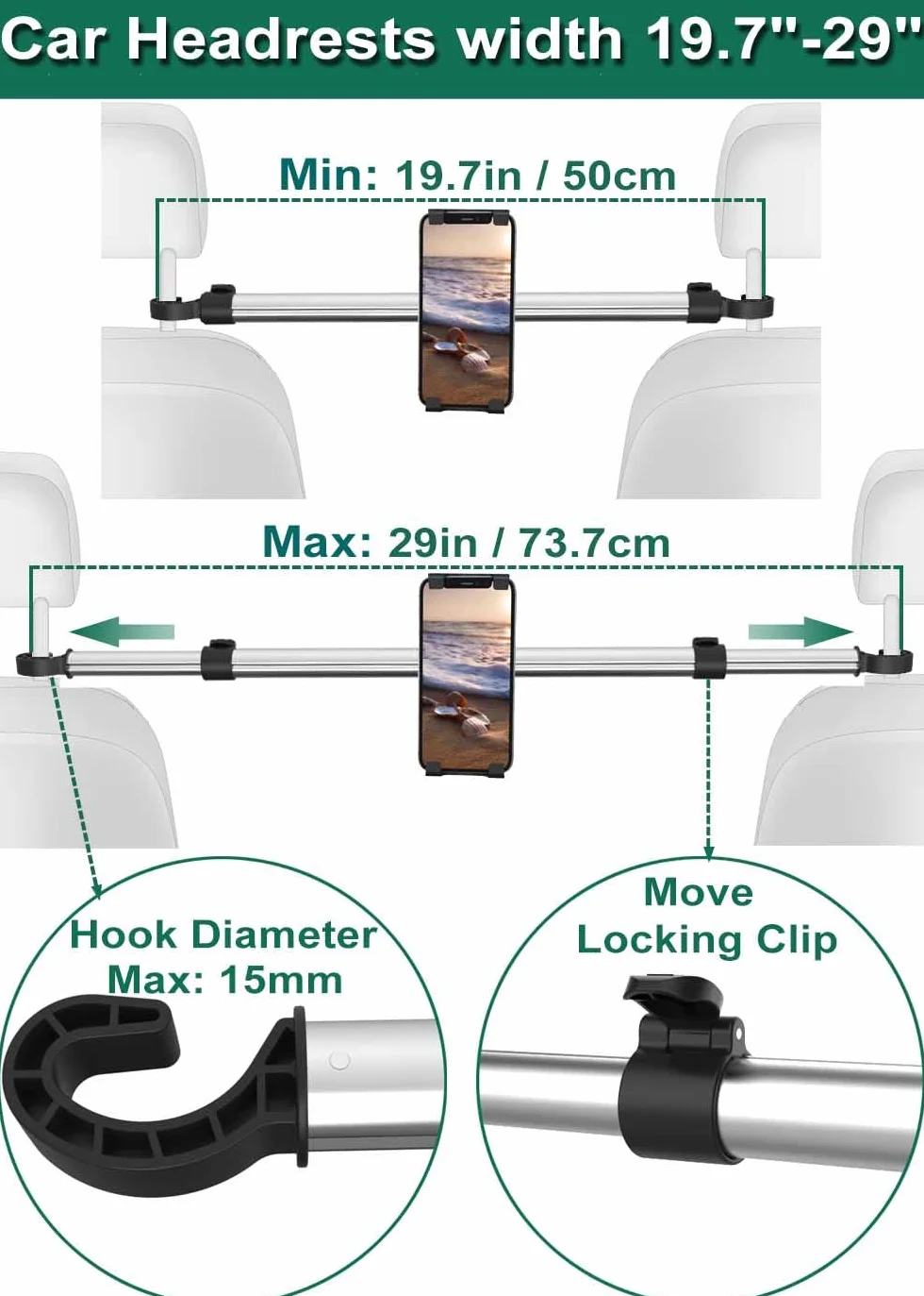 Soporte Tablet Coche Reposacabezas para 4.7-12.9'' iPad Movil, Niños Porta Tablet Coche Asiento Trasero para iPad Pro 12.9 10.5 9.7 Air Mini, Samsung Galaxy Tab, Kindle Fire HD, iPhone etc