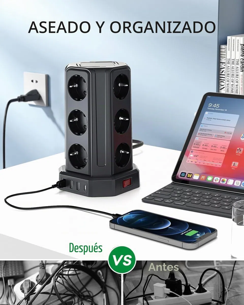 Torre Regletas Enchufes con Cable 5M, Regleta USB 12 Tomas de AC Corrientes y 4 USB, 3680W/16A, Regreltas Vertical con Interruptor para Mesa, Oficia, Casa