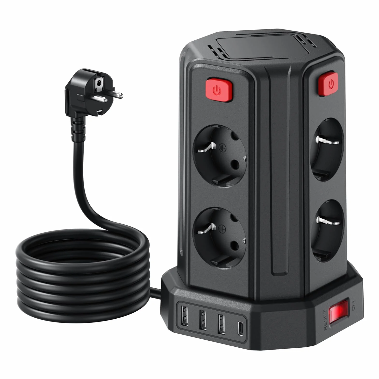 Torre Regletas Enchufes con Cable 3M, Regleta USB 8 Tomas de AC Corrientes y 4 USB, 2500W/10A, Regreltas Vertical con Interruptor para Mesa, Oficia, Casa…