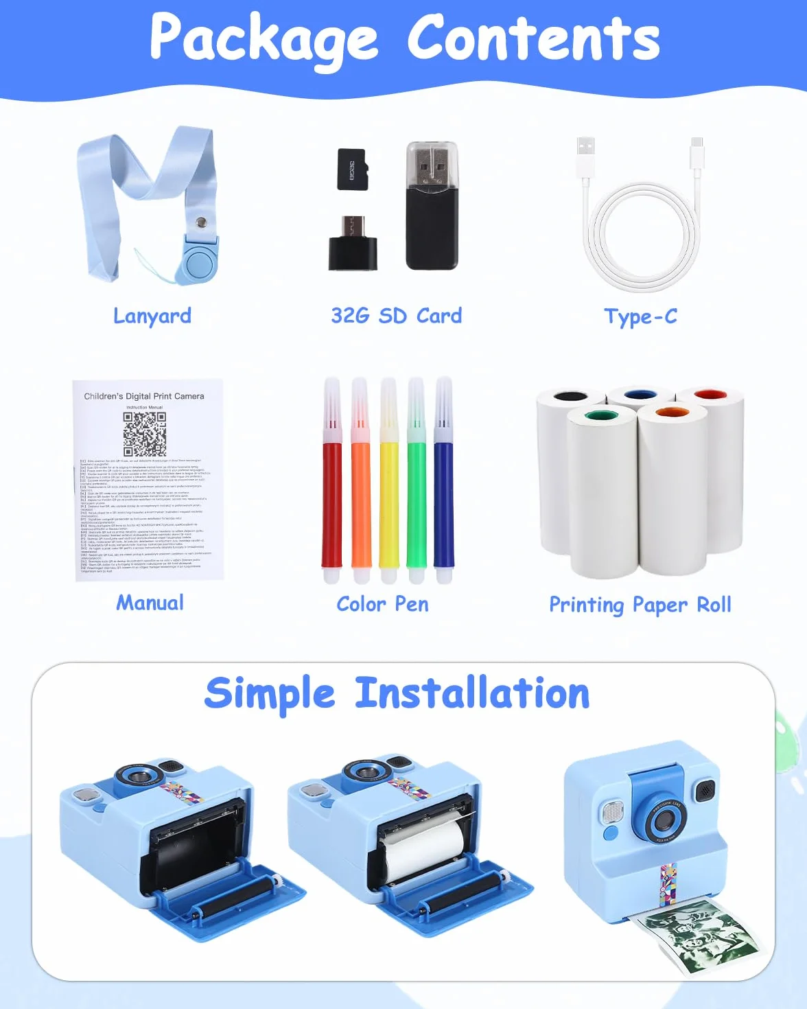 Cámara instantánea para niños, 1080P HD, cámara instantánea con impresión instantánea, tarjeta SD de 32 GB y 5 rollos de papel fotográfico, regalo para niñas y niños a partir de 3 – 12 años