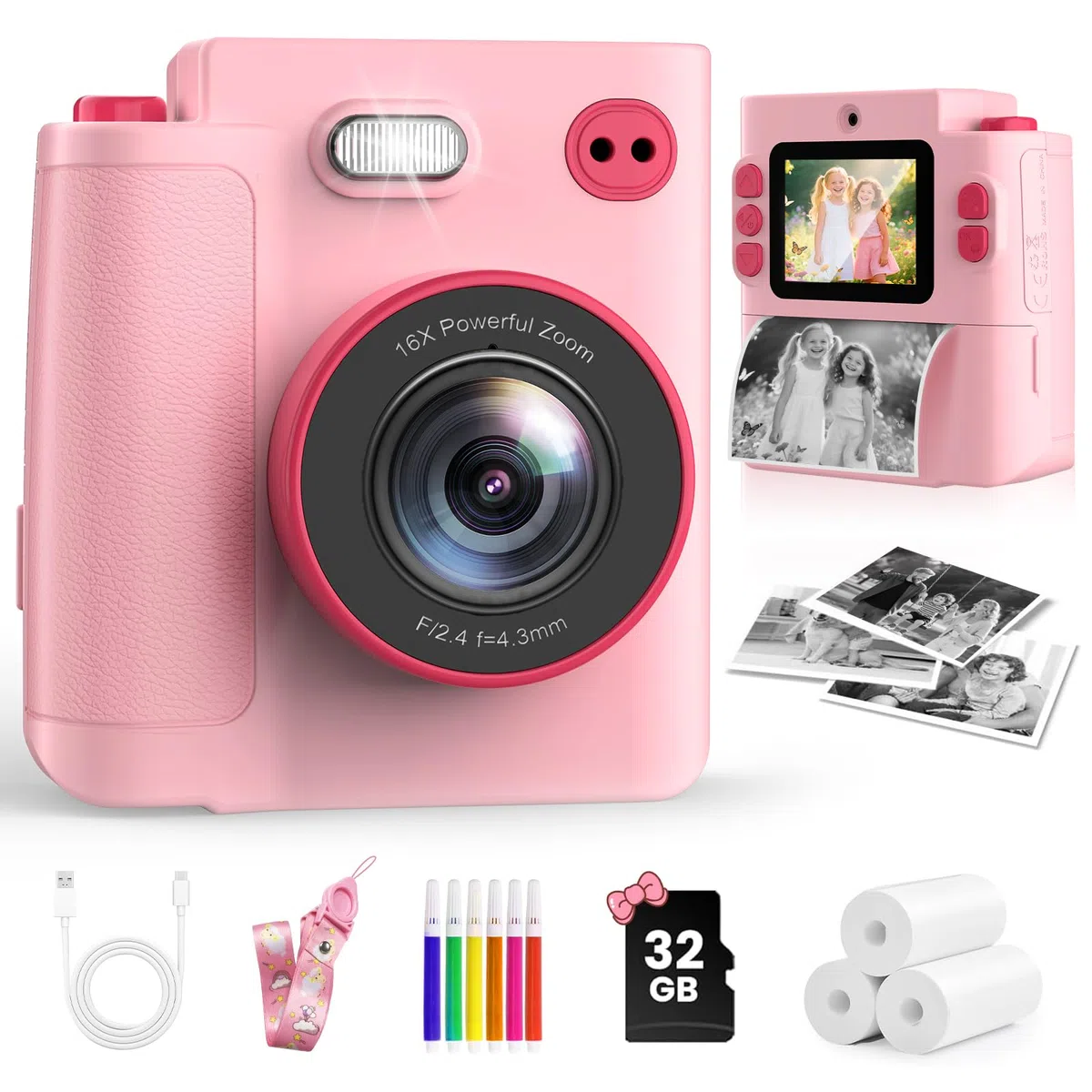 Camara Fotos Infantil Instantanea, 1080P HD Cámara Instantánea para Niños con Tarjeta de 32G y Papel Fotográfico, Cámara de Fotos Infantil Regalos de Juguete para Niños de 3 a 12 Años