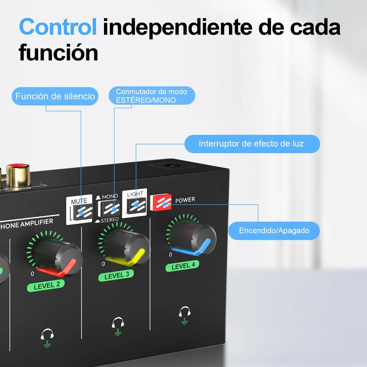 Amplificador de Auriculares de 4 Canales con Jacks de 3,5 mm/6,35 mm/RCA, Divisor de Auriculares de Metal con 8 Puertos de Salida para Auriculares, Compacto con Interruptor estéreo y luz RGB