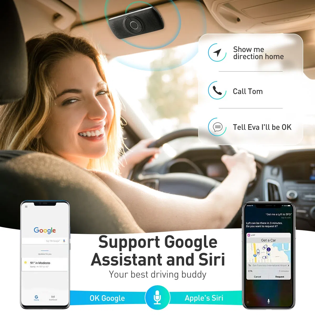 AGPTEK Manos Libres para Coche Bluetooth 5.0 con Siri, Google Asistente, Kit de Coche Altavoz Inalámbrico con Ranura de Tarjeta TF, Soporta Conexión de 2 Teléfonos Simultáneamente, Negro
