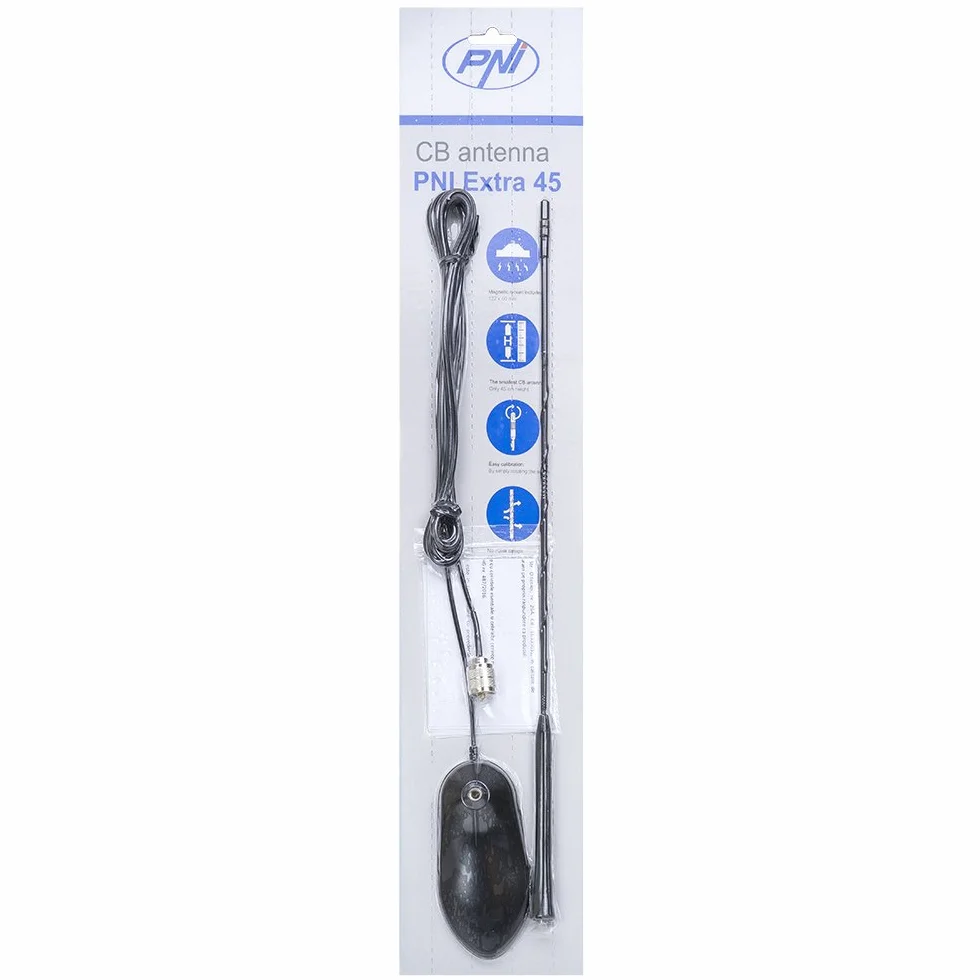 CB Antena PNI Extra 45 SWR 1,0 soporte magnético incluidos, 45 cm de alto, 4 m cable RG174