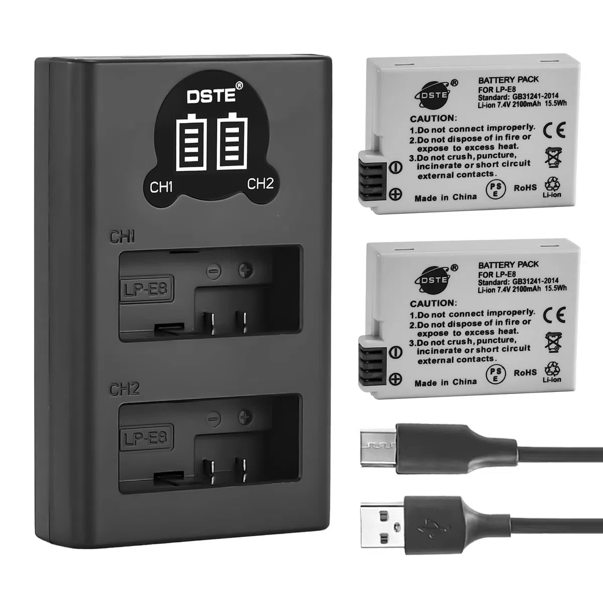 DSTE LP-E8 Batería Recargable (Paquete de 2) y Cargador USB Dual LED Inteligente compatibles con Canon EOS 550D 600D 650D 700D Kiss X4 X5 X6i X7i Rebel T2i T3i T4i T5i