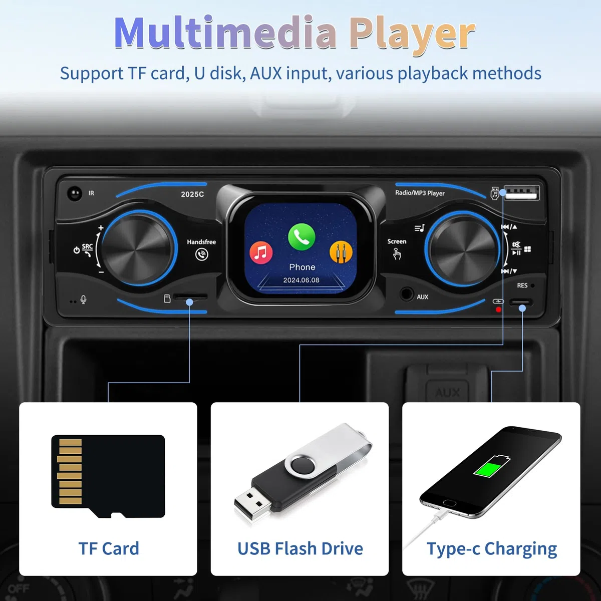 Inefala 1 DIN Radio Coche Bluetooth, Autoradio 1 DIN soporta Llamadas Manos Libres, Puertos USB, SD, AUX-in, Radio FM, Reproductor de MP3 con SWC EQ