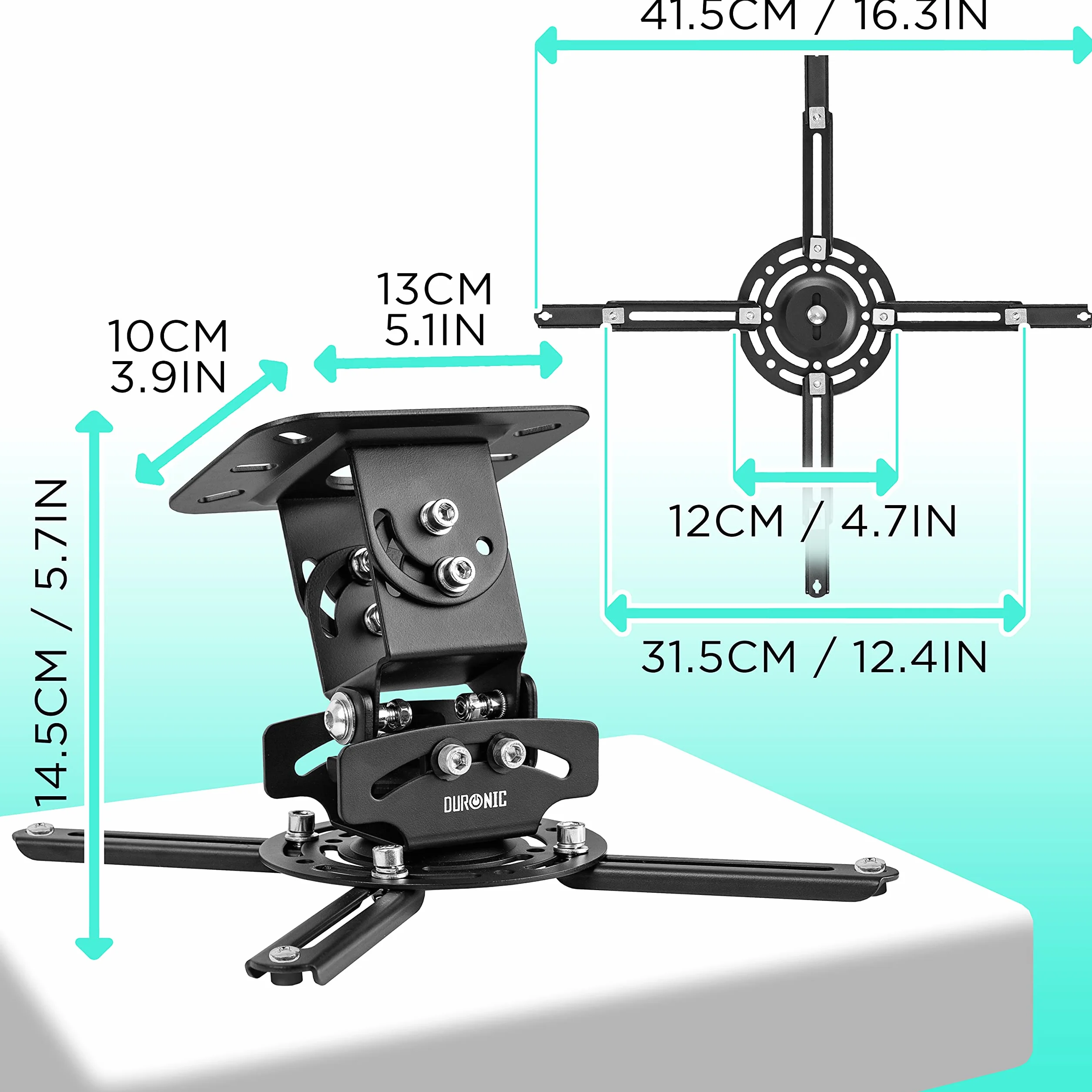 Duronic PB04XL Soporte para Proyector de Techo y Pared, Extensible 22-83cm, Universal, Giratorio 360º, Totalmente Articulable, Carga Máx 13.6kg, Cine en Casa, Videojuegos, Presentaciones, Color Negro