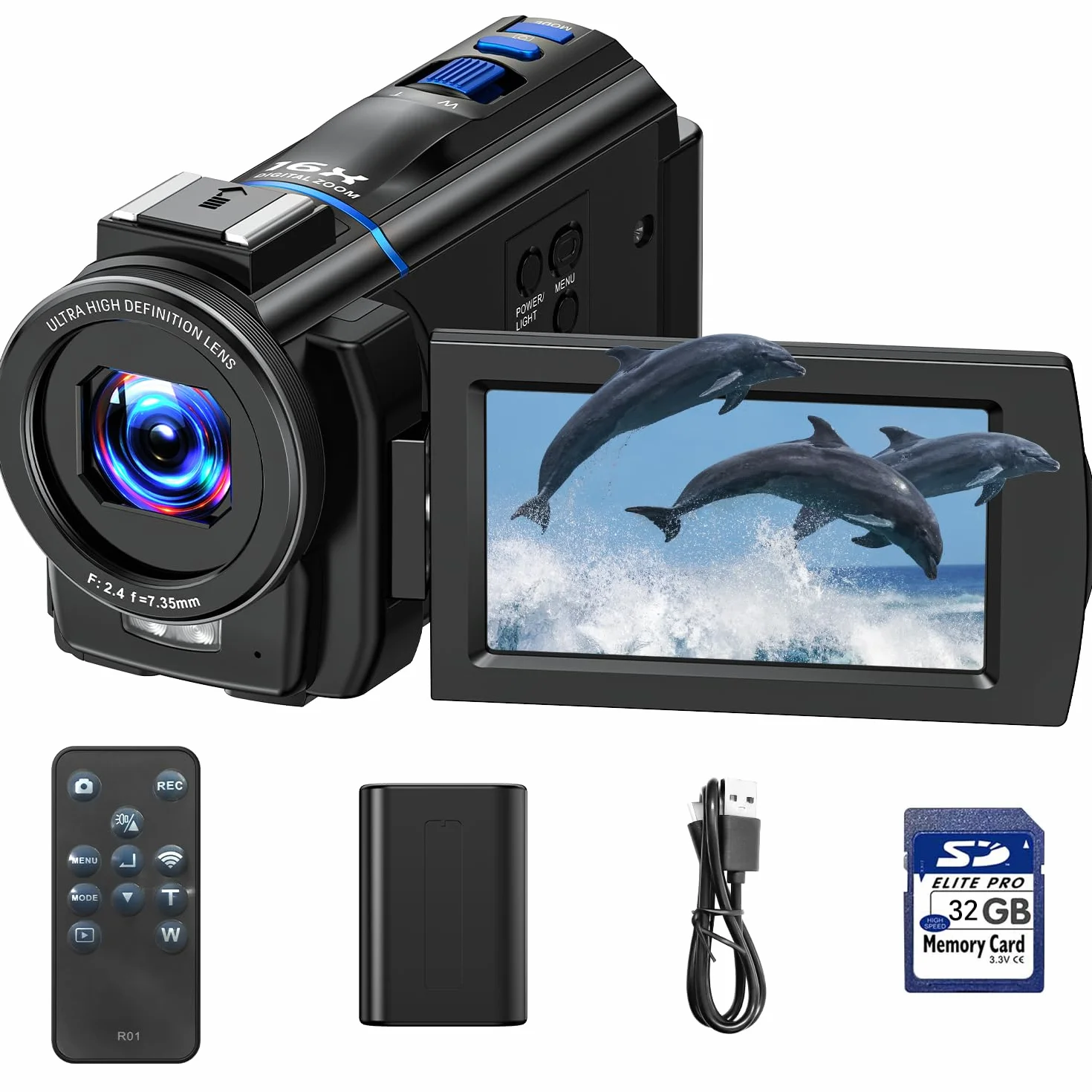 Cámara de vídeo 4K 48MP Videocámara 16X Zoom Digital IR con Pantalla táctil giratoria 270° y Tarjeta SD 32GB