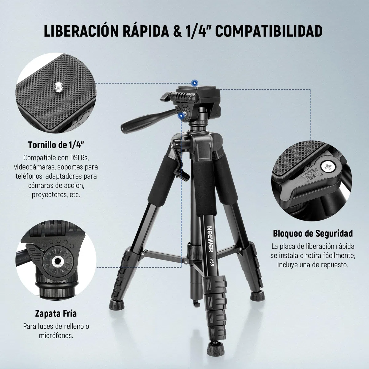 NEEWER BÁSICO Trípode Cámara, 71'' Trípode con Soporte Móvil Montaje Compatible con iPhone para Grabación Vídeo, Soporte Viaje Portátil Ligero Profesional Aluminio con 3 Way Pan Tilt Head, TP55
