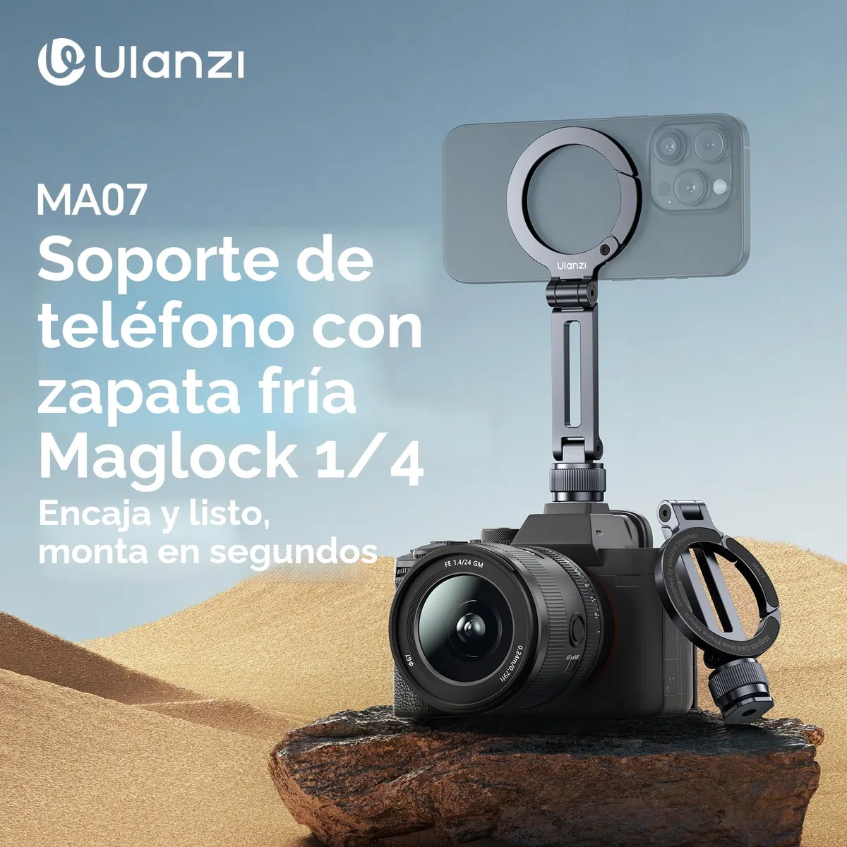 ULANZI MA07 Soporte Magnético para Trípode de Teléfono MagLock con Zapata de 1/4", Adaptador de Aluminio con Ángulo Ajustable Magsafe para iPhone/Android/Cámara/Luz/Trípode