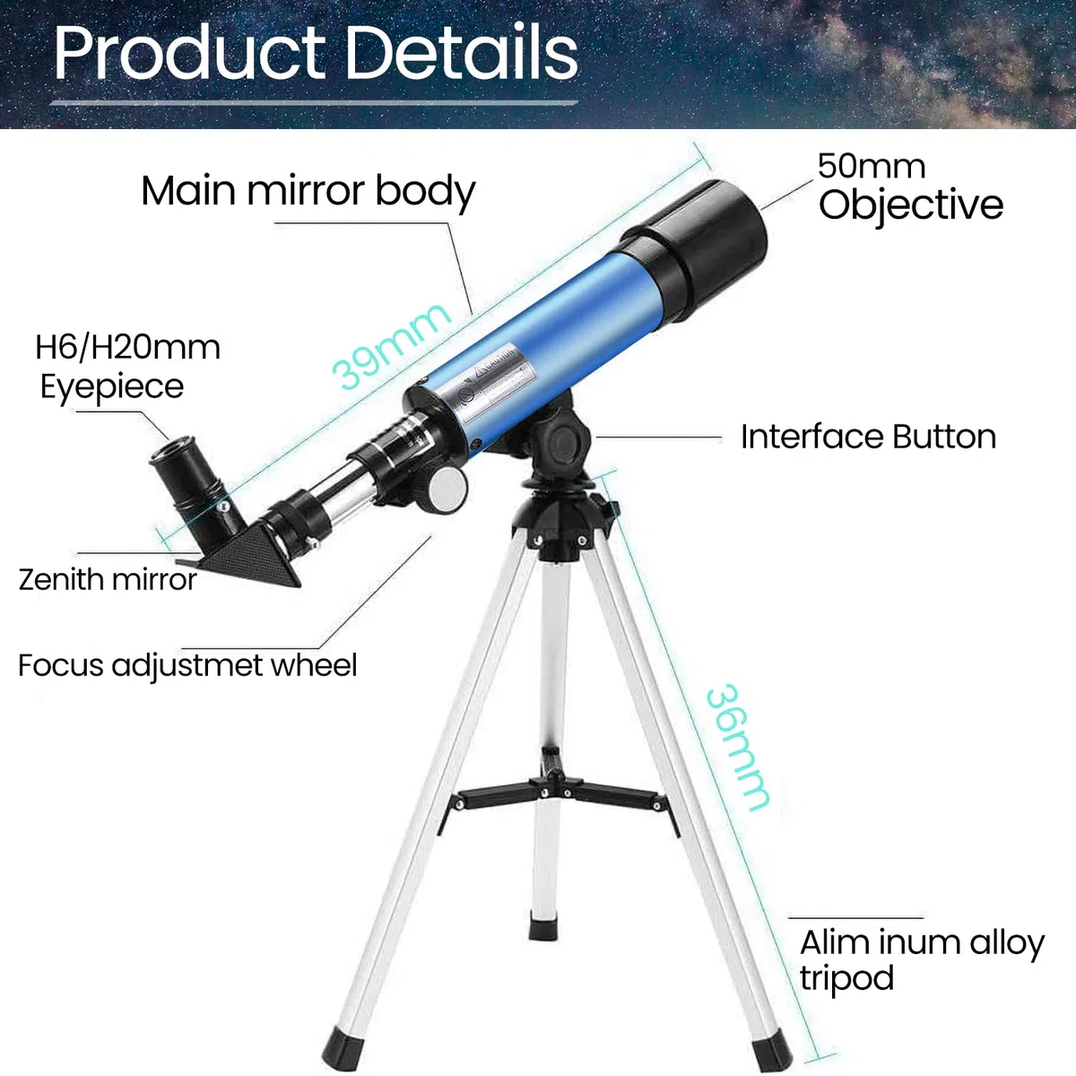 Telescope Astronómico Niño, Uverbon Telescopio para Astronomía Telescopio Zoom 90X HD Monocular Monocular Exterior con Trípode Ajustable para Niños Adulto Principiante