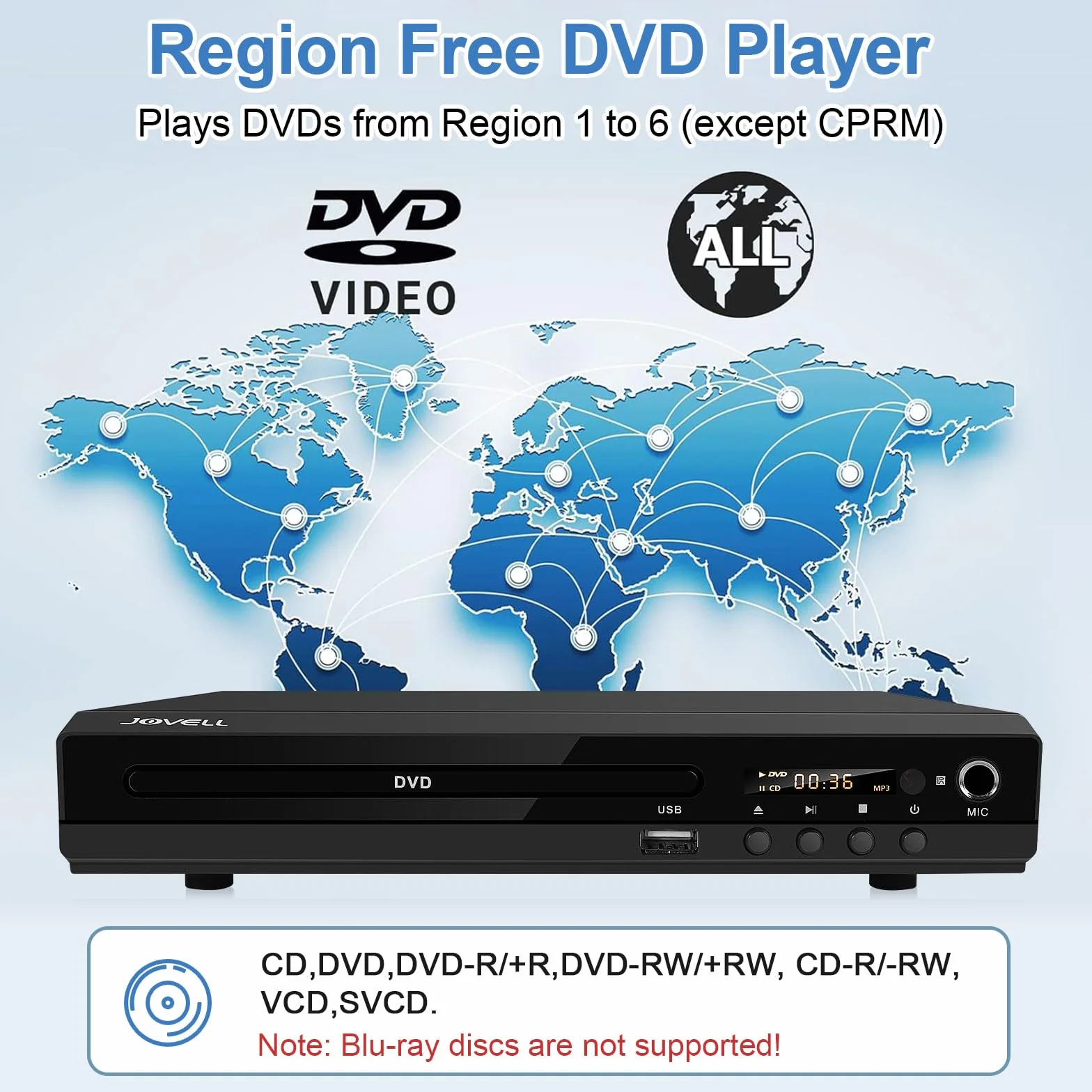 Reproductor de DVD con Euroconector, JOVELL Reproductores de DVD Multiregión para TV con Entrada USB, Salida HDMI AV, PAL NTSC Integrado, Reproduce Múltiples Formatos (No Compatible con BLU-Ray)