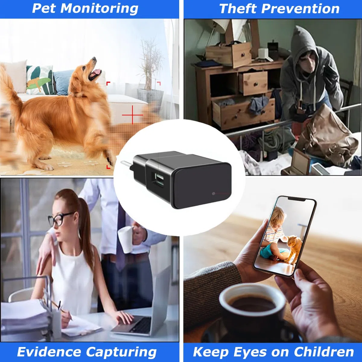 SHMIZZ Mini Cámara Espía Oculta 1080P, USB Cargador Cámara WiFi de Vigilancia Interior Inalámbrica con Detección de Movimiento