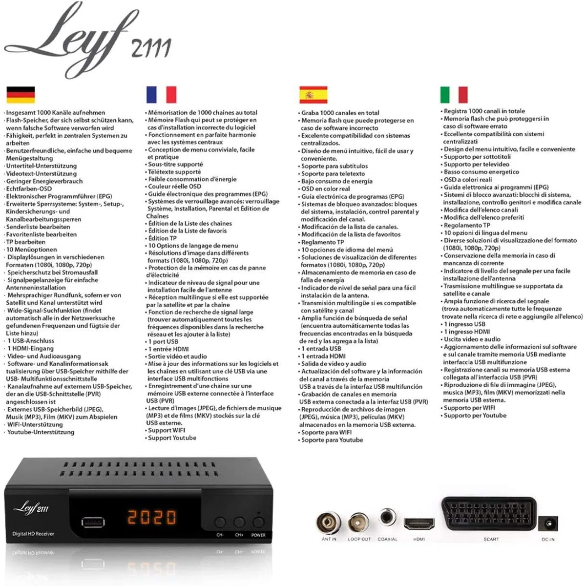 hd-line LEYF2111C - Receptor de Cable para televisión Digital por Cable (HDTV, DVB-C / C2, DVB-T/T2, HDMI, SCART, USB 2.0) y Cable HDMI (Receptor), LEYF2111C