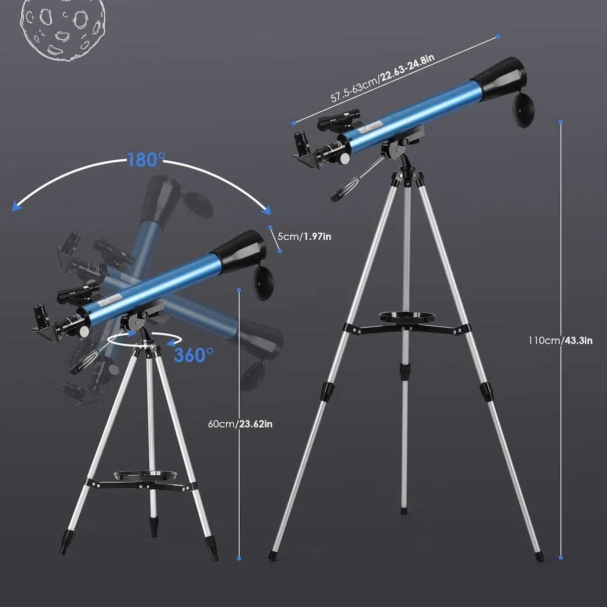 Telescopio Astronómico 50/600 mm, Telescopio Refractor para Niños y Principiantes con Visor de Punto Rojo, Trípode, Adaptador de Teléfono, 2 Oculares H12.5mm y H20mm