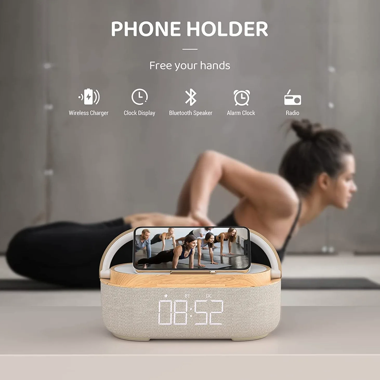 COLSUR Radio Despertador Digital con Carga Inalambrica, FM Radio con Puerto de carca USB, Pantalla LED Ajustable, Luz Nocturna, Bluetooth, Alarma de Temporizador de Apagado y Soporte para Teléfono