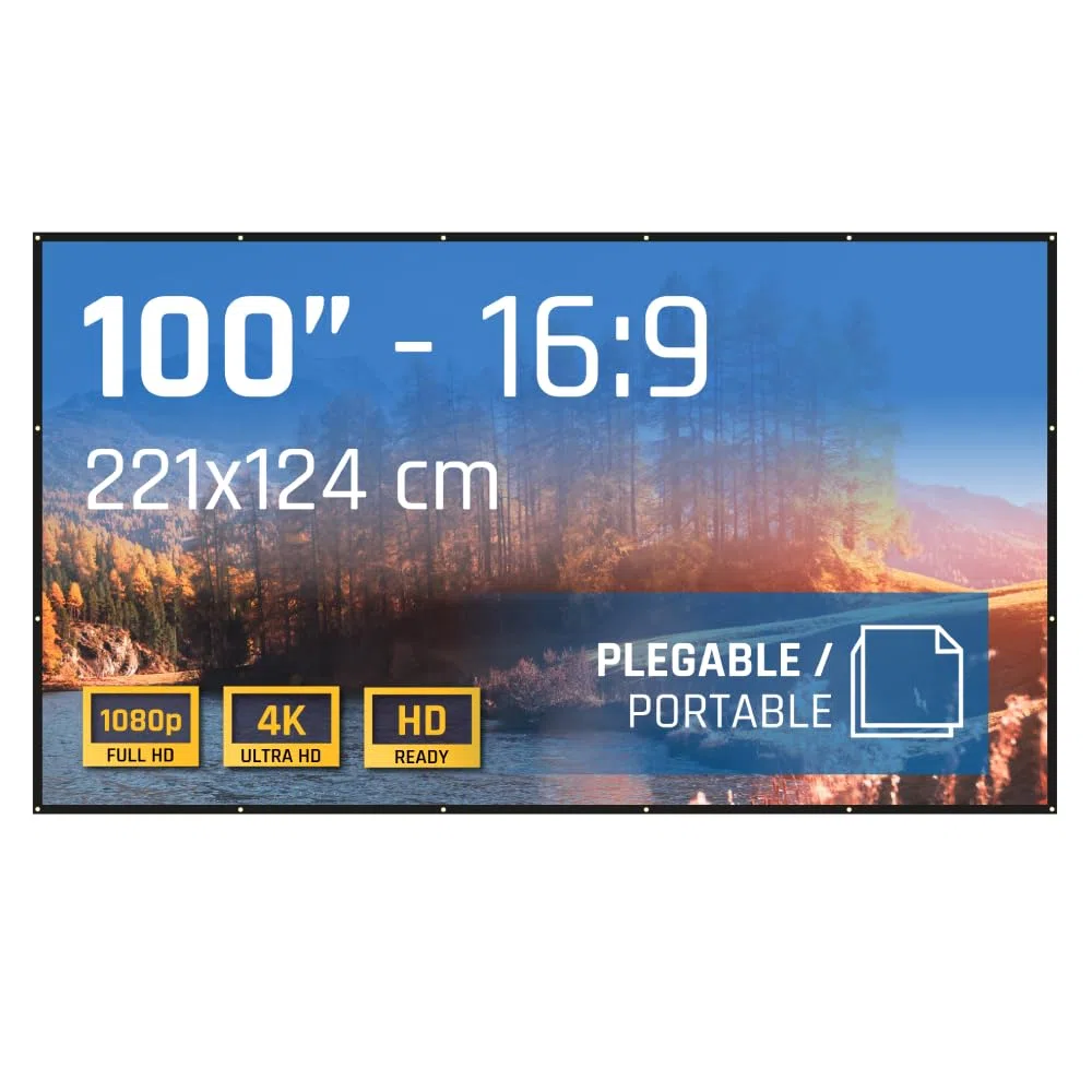 iggual - Pantalla de Proyección 100" Pulgadas- Tela Plegable- Antiarrugas- Formato Panorámico 16:9- Ángulo de visión 120º- Apta para Proyector y Retroproyector- 221 x 124 cm