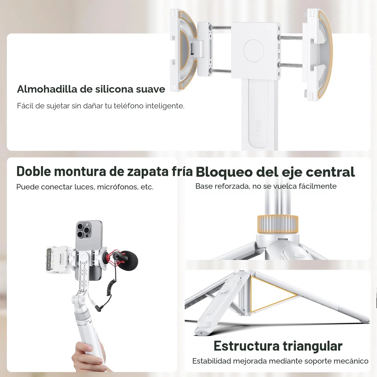 ULANZI TT88 145 cm Overhead Selfie Stick, Multifuncional magnético y de sujeción 2 en 1, Palo Selfie Trípode Blanco para Móvil y Cámara con Control Remoto