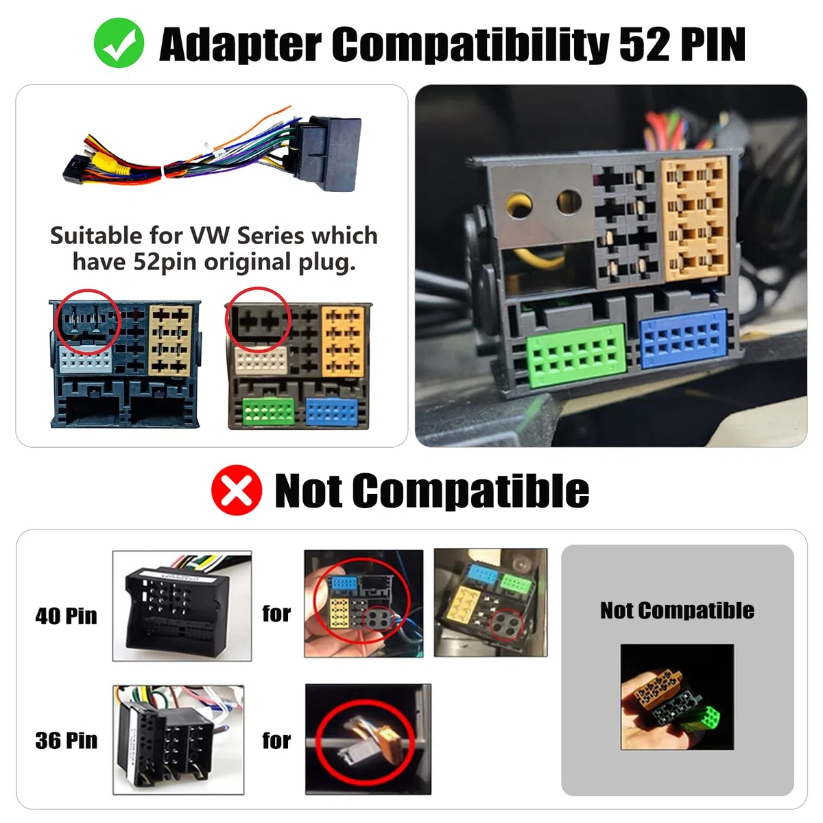 CAMECHO 52 PIN ISO Cable Adaptador Autorradio para VW/Golf/Passat/Touareg/Polo/Skoda/Seat con Antena de Radio,Cable de Control del Volante y Cable de Control de Marcha Atrás