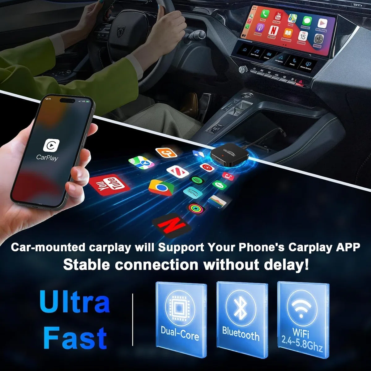 2026 Wireless CarPlay & Android Auto Adapter Compatible con Netflix/Youtube/TF – Plug & Play, Magic Video Box para vehículos OEM CarPlay & Android Auto con Cable (4GB RAM+16GB)