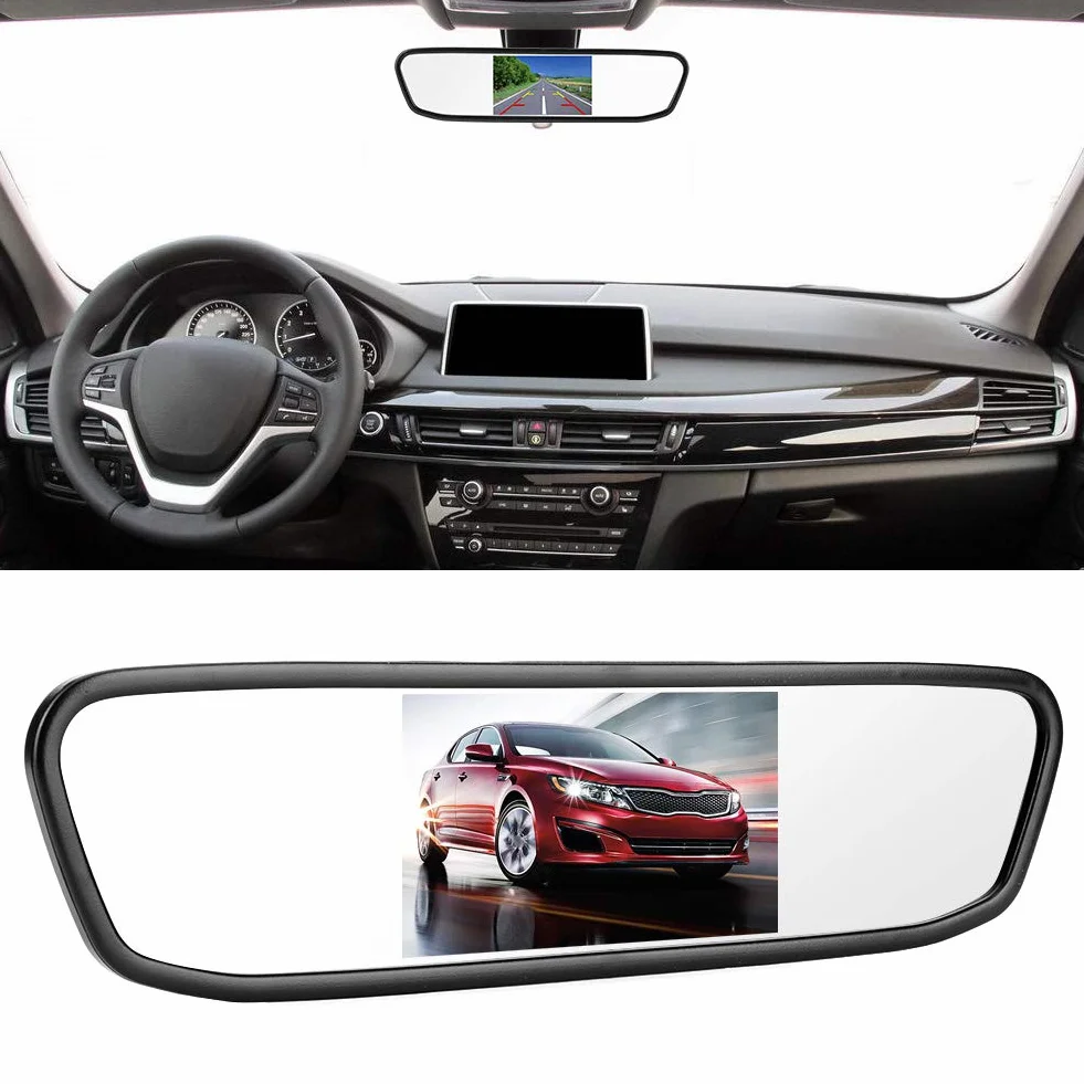 Cámara de respaldo para automóvil, retrovisor de automóvil de 4.3 pulgadas, monitor de espejo de pantalla grande, pantalla HD TFT-LCD, entrada de video de 2 canales