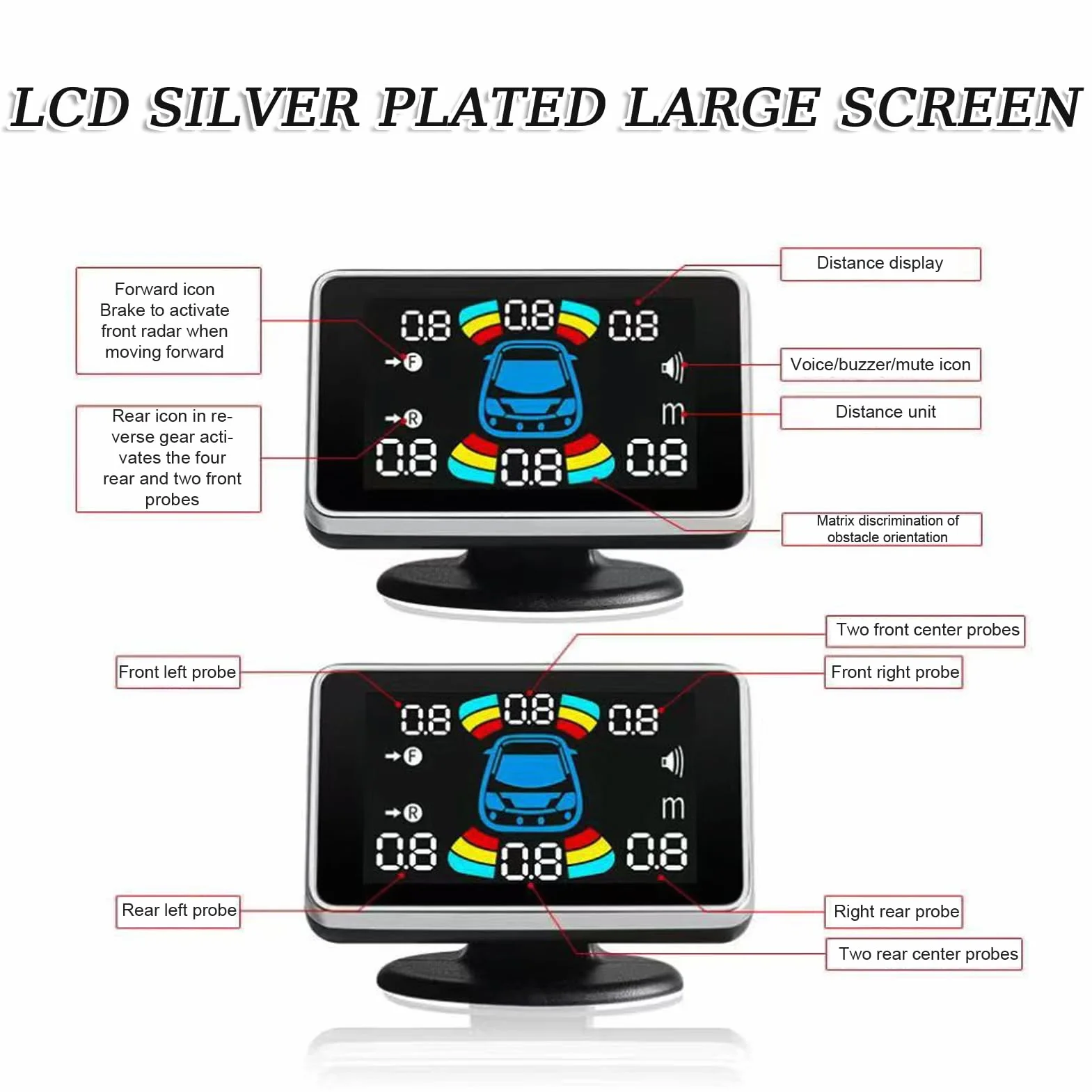 Shkalacar Sensores Aparcamiento Coche, Detector Radares para Coche, Parking Sensor con 8 Sensores, Pantalla LCD, Soporte Delantero y Trasero, Advertencia de Sonido/Zumbador/Silencio