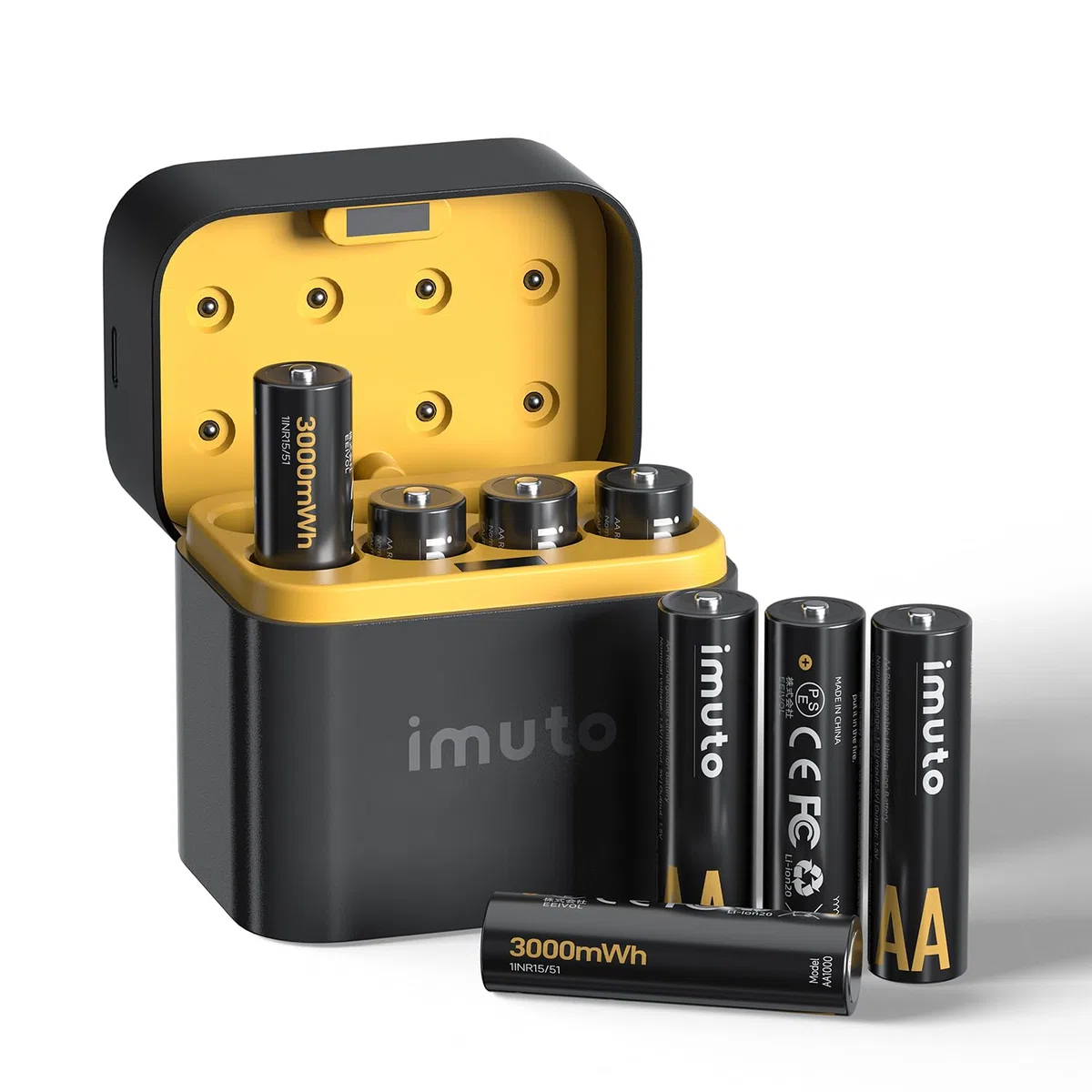 imuto Pilas Recargables AA 1,5 V 3000mWh Batería de Litio Alta Capacidad más de 1600 ciclos con Carga rápida Negra Cargador de Pantalla LED