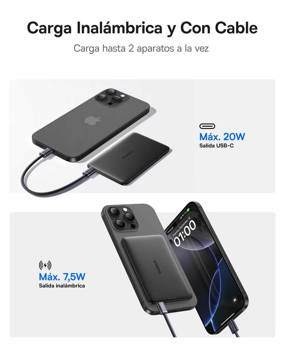 Baseus Picogo AM41 Power Bank, Ultra Slim 5000mAh Magsafe Powerbank, PD 20W de Carga Rápida, Portátil, Mini Bateria Externa Magnética con Cable USB C para iPhone 17/16/15/14/13/12, Negro