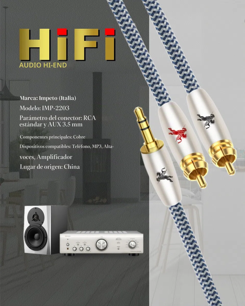 Impeto Cable RCA a Jack 3.5 mm mini Jack a 2 RCA Cinch Audiophile Adaptador Y 2 RCA Macho a Minijack Macho HiFi para conectar smartphones, tablets o PC a amplificador - 1m