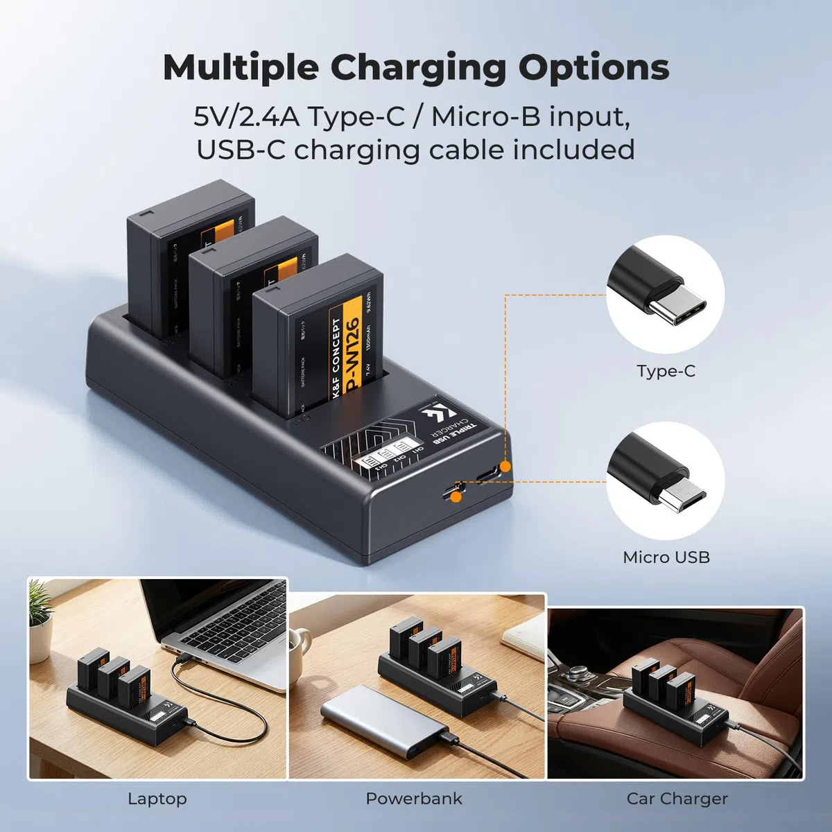 K&F CONCEPT 3-Pack Baterías NP-W126/NP-W126S y Cargador 3 Ranuras, 1300mAh Totalmente Decodificado Compatible con Fujifilm XM5/X100VI/X100V/XS10/XT30 II, LCD y Entradas Micro USB/Type-C