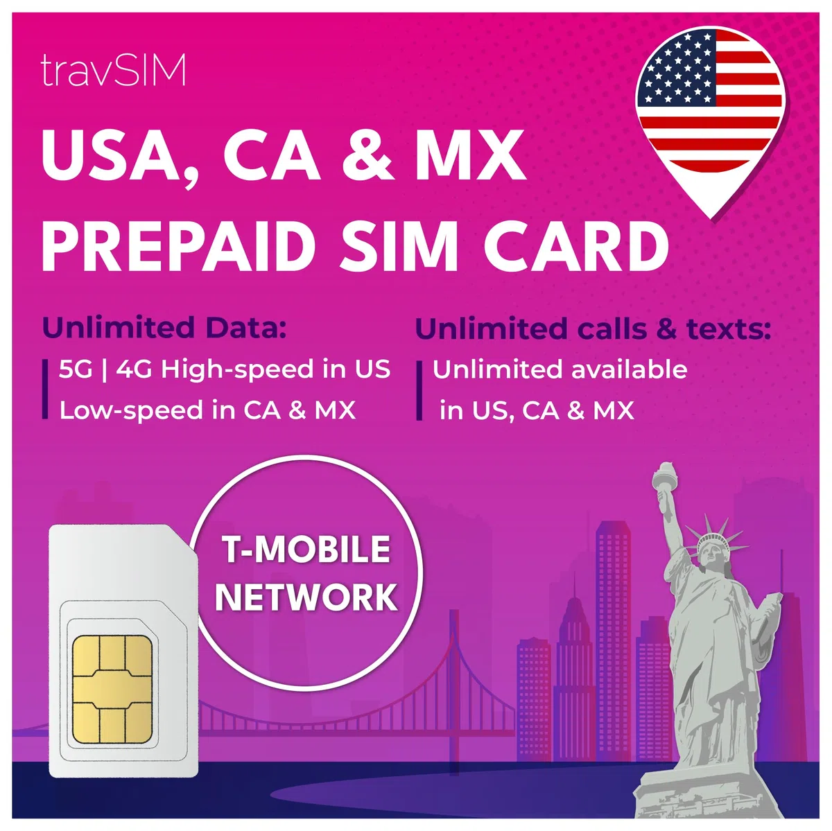travSIM USA, Canada Mexico SIM Card | Servicio T-Mobile | 50GB de Datos para USA, 5GB para Canada y Mexico | Llamadas Nacionales y SMS ilimitados | Válido Durante 10 días