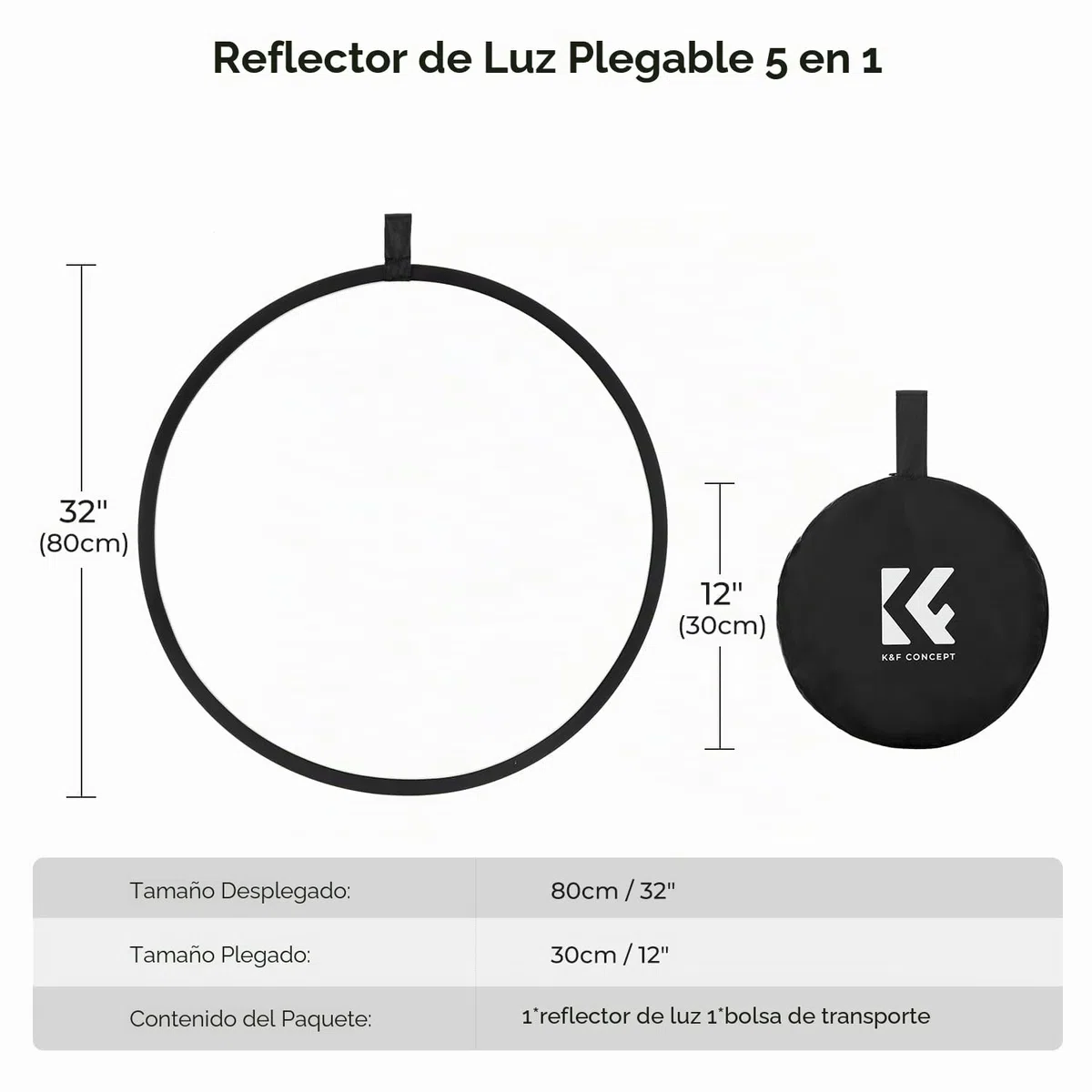 K&F CONCEPT Reflector de Luz 5 en 1 Difusor de Fotografía de 32"(80cm) Colapsable Portátil para Iluminación de Estudio y Exterior Oro Plata Blanco Negro Translúcido