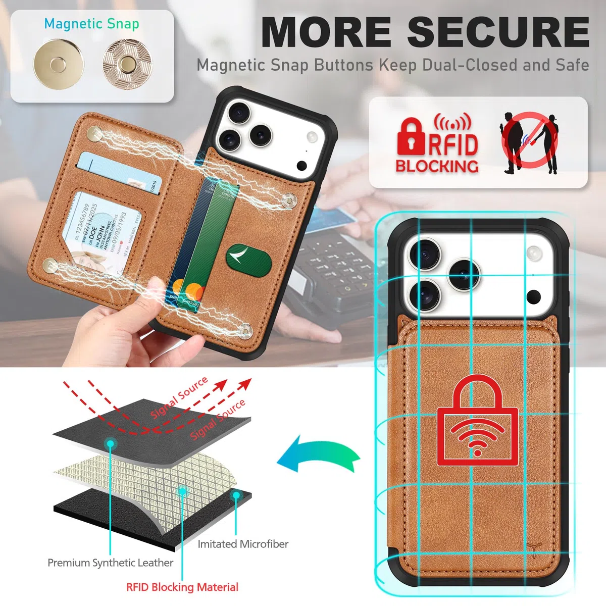 TUCCH Funda Billetera para iPhone 17 Pro MAX 6,9-Pulgadas 5G 2025 Bloqueo RFID | Cuero PU [Tarjeteros Indesmontable] 3 Ranura Tarjeta Cierre Botón Magnético Protección Flip, Marrón Claro Texturizado
