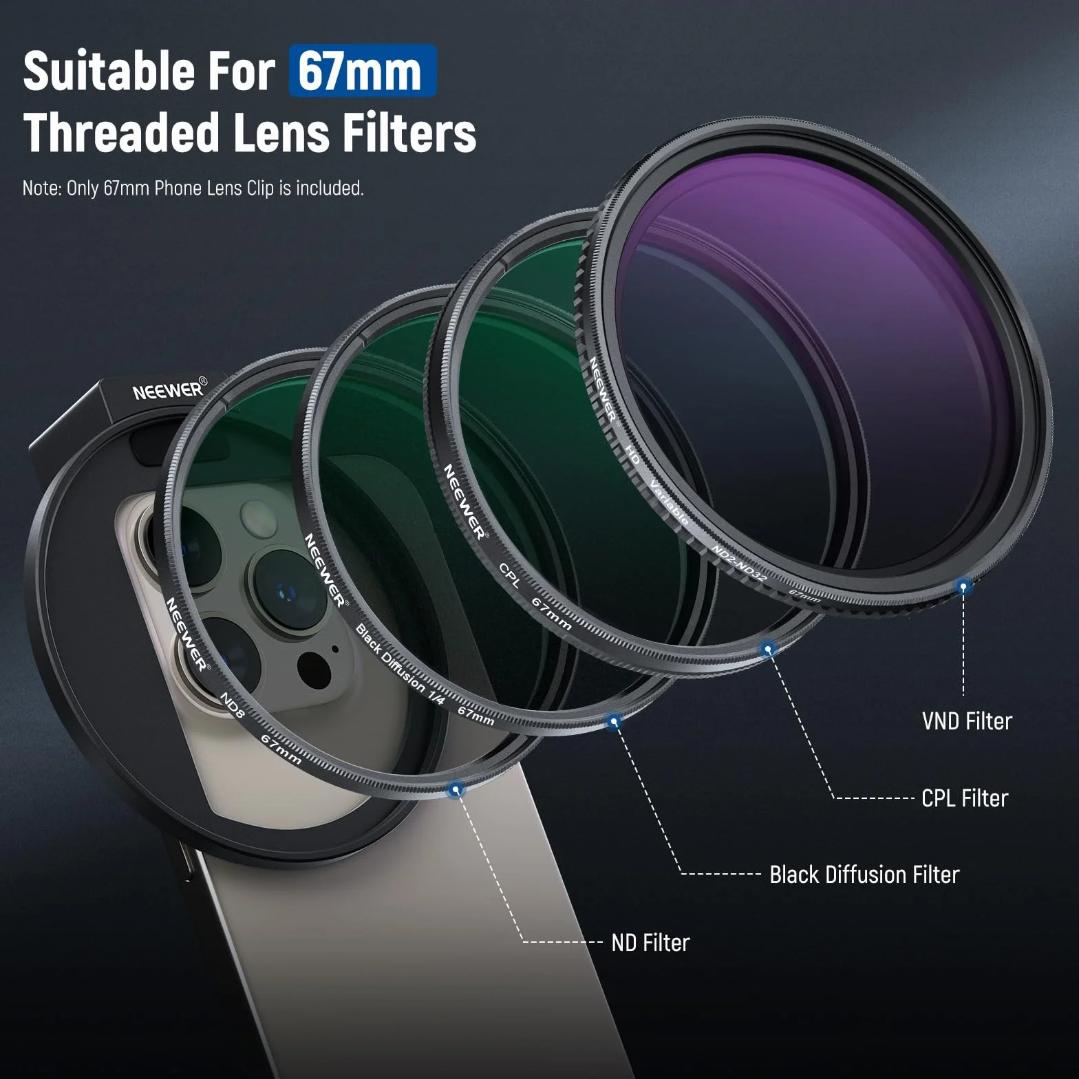 Soporte de filtro de teléfono móvil de 67 mm, adaptador de filtro universal, añadir marco de expansión de filtro, extensión de zapata de metal, compatible con filtros de rosca de 67 mm, para