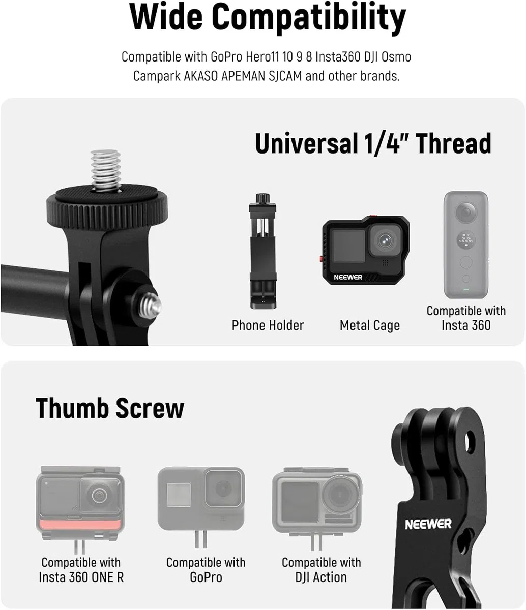 NEEWER Brazo Extensión Aleación Aluminio (11,8"/6,5"/3,3") para Cámara Acción con 3 Thumbscrews y 1/4" Tornillo Adaptador Compatible con GoPro Hero 13 12 11 10 dji Osmo Action 5 Pro Insta360, GP-11