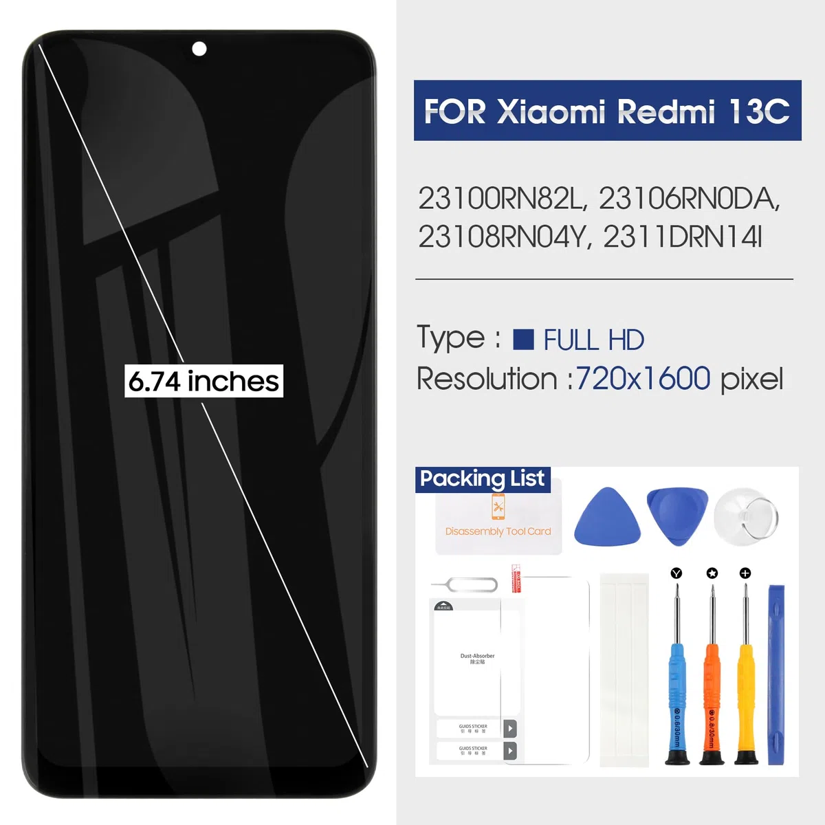 Pantalla para Xiaomi Redmi 13C LCD Display - para Redmi 13C LCD Touch Screen Digitalizador para Redmi 13C 6.74" Pantalla de repuesto 23100RN82L 23106RN0DA 23108RN04Y Cristal Montaje con Marco