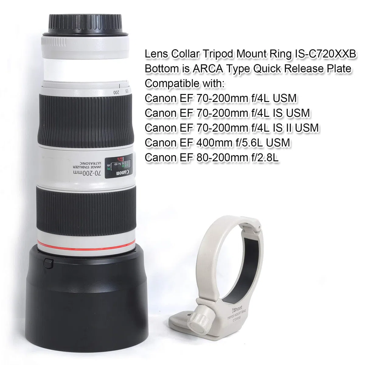 iShoot Anillo de montaje de trípode de metal, soporte de cuello de lente AII (W) compatible con Canon EF 70-200 mm f/4L / IS / IS II USM, 80-200 mm f/2.8L, 400 mm f/5.6L USM, parte inferior con ranura