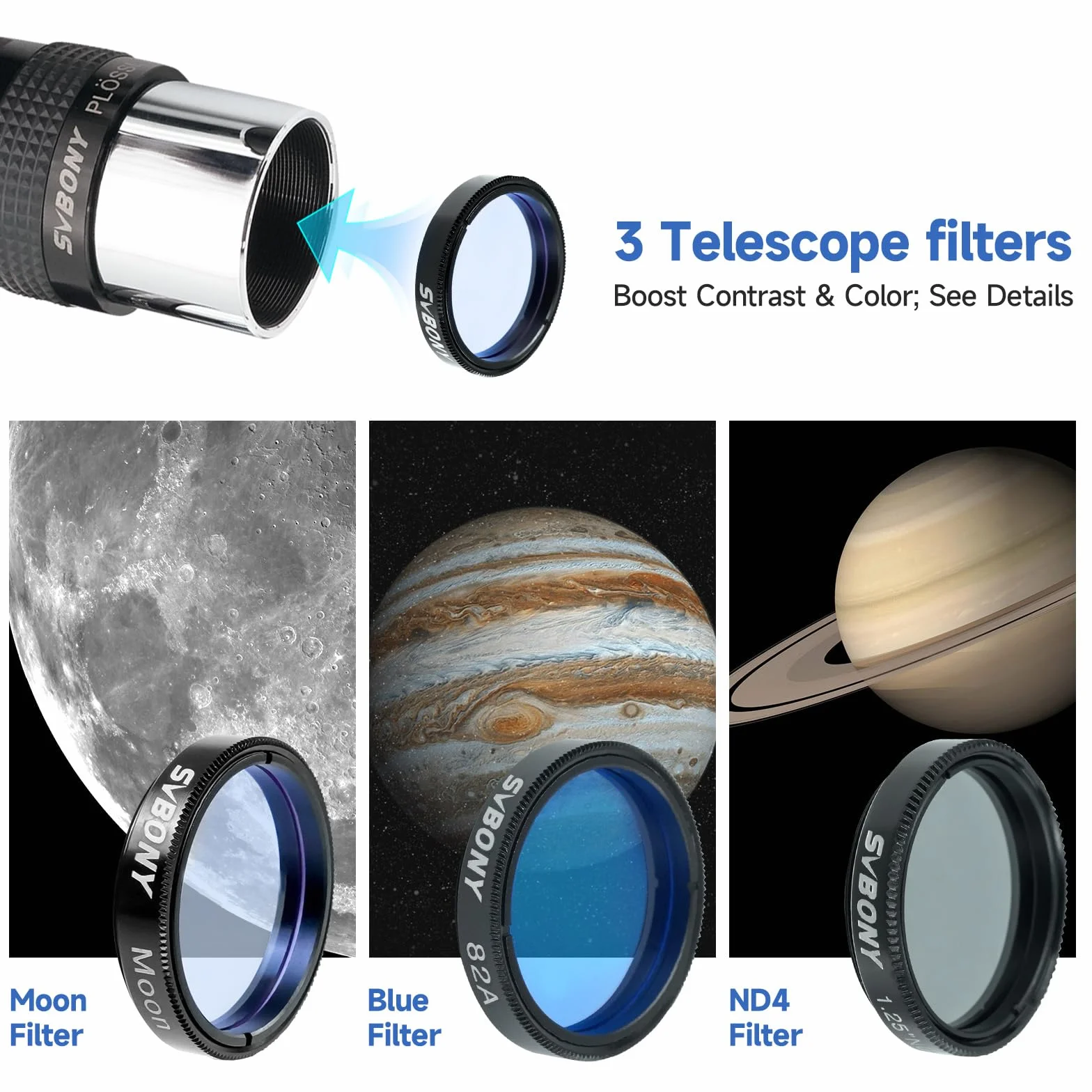 Svbony SV233 Ocular Telescopio Astronómico Kit, Ocular PLOSSL de 6mm, 17mm, 2X Lente Barlow, Filtro Lunar, Filtro ND4, Filtro de Color 82A, con Bolsa Portátil, Accesorio de Siete Piezas