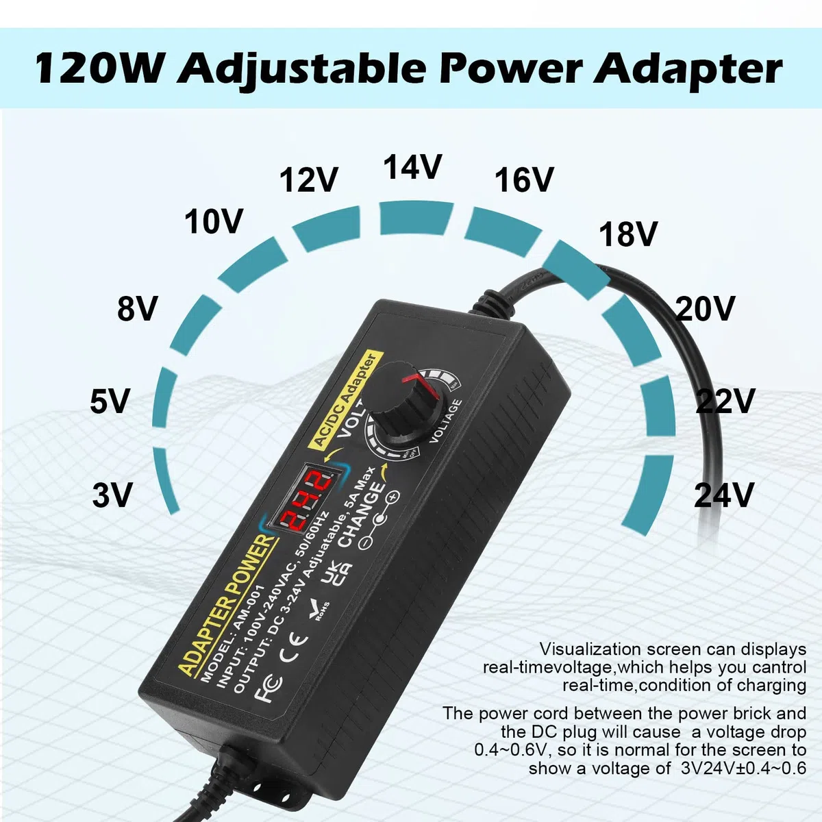 5A 120W Adaptador de Corriente Ajustable,Adaptador Universal de Corriente AC/DC 3V~24V Ajustable, Convertidor de 100V-240V AC a DC con 14 Puntas y Cable de polaridad de Corriente-5A Máx