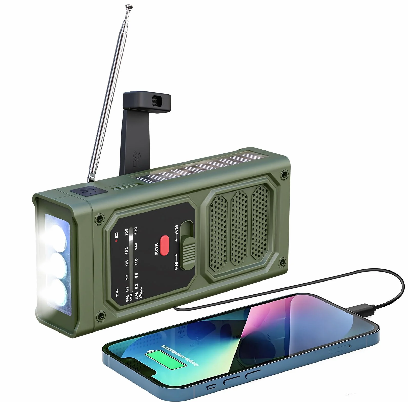 Radio de emergencia, 2000 mAh, manivela con linterna LED, alarma SOS, AM/FM meteorológica, Wind Up Solar Radio para interior y exterior, camping, carga de emergencia de smartphone